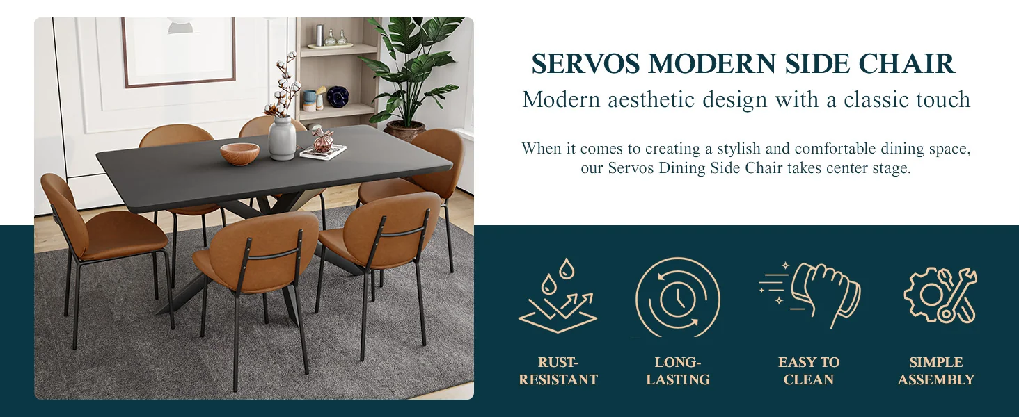 Servos Modern Dining Side Chair with Upholstered Faux Leather Seat and Powder Coated Iron Frame for Kitchen and Dining Room, Dark Brown