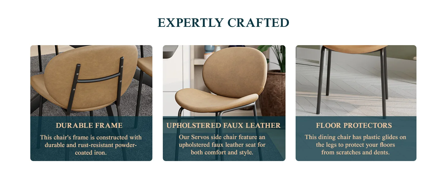 Servos Modern Dining Side Chair with Upholstered Faux Leather Seat and Powder Coated Iron Frame for Kitchen and Dining Room, Sand Brown