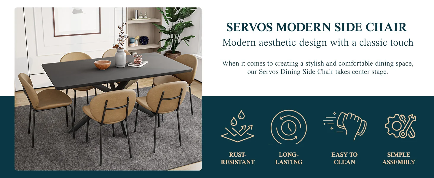 Servos Modern Dining Side Chair with Upholstered Faux Leather Seat and Powder Coated Iron Frame for Kitchen and Dining Room, Sand Brown