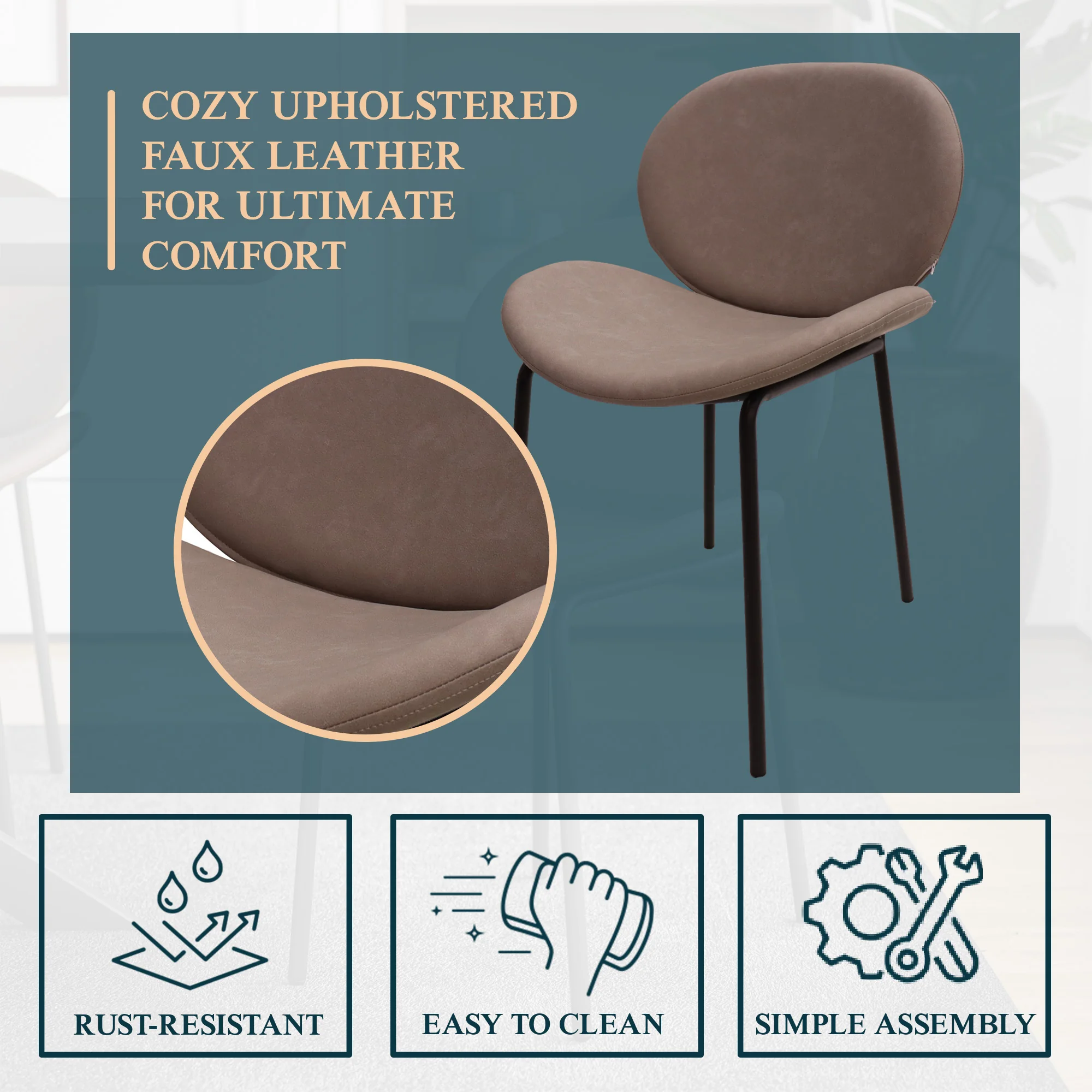 Servos Modern Dining Side Chair with Upholstered Faux Leather Seat and Powder Coated Iron Frame for Kitchen and Dining Room, Light Grey