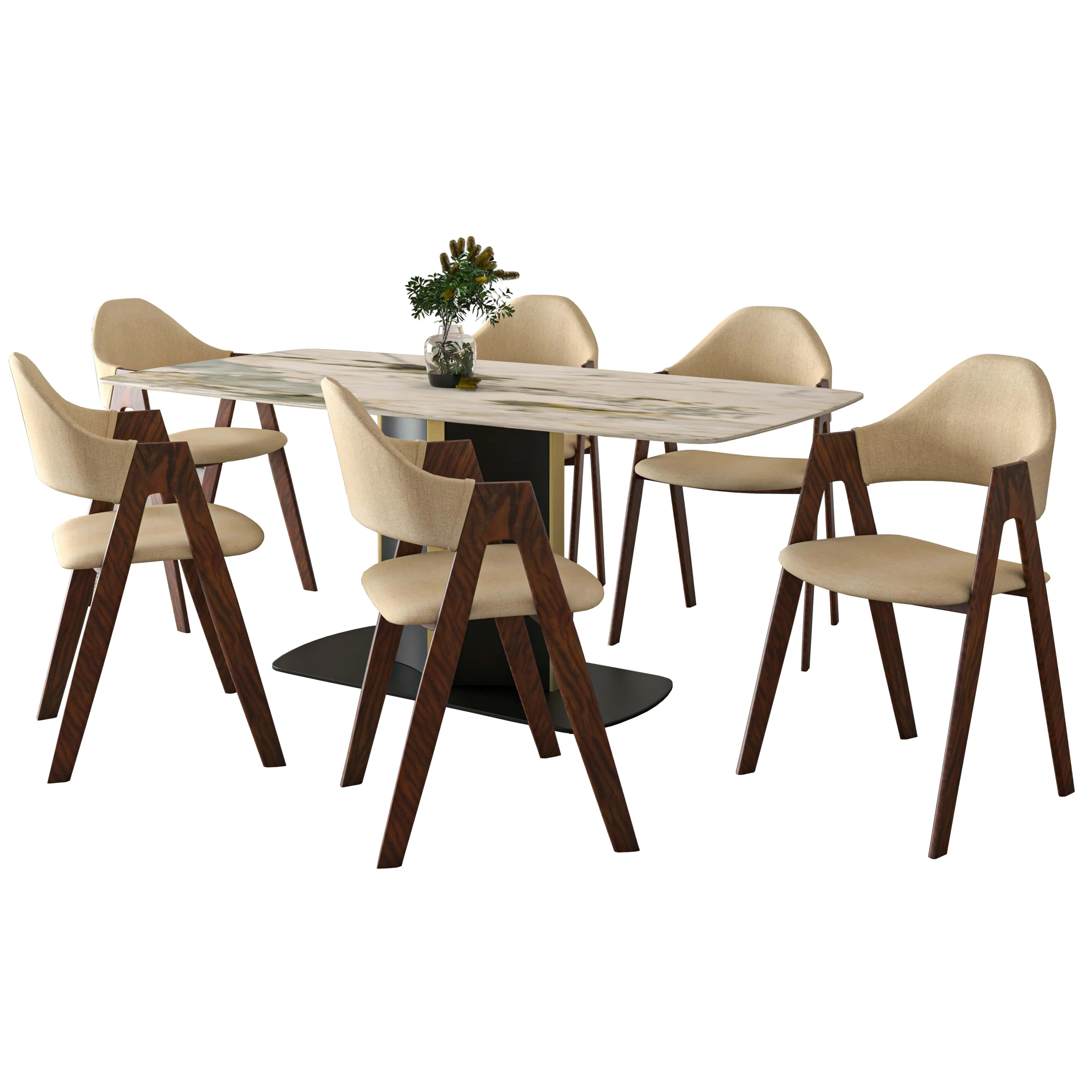 7-Piece Dining Set with Rectangular Sintered Stone Dining Table and 6 Upholstered Dining Chairs
