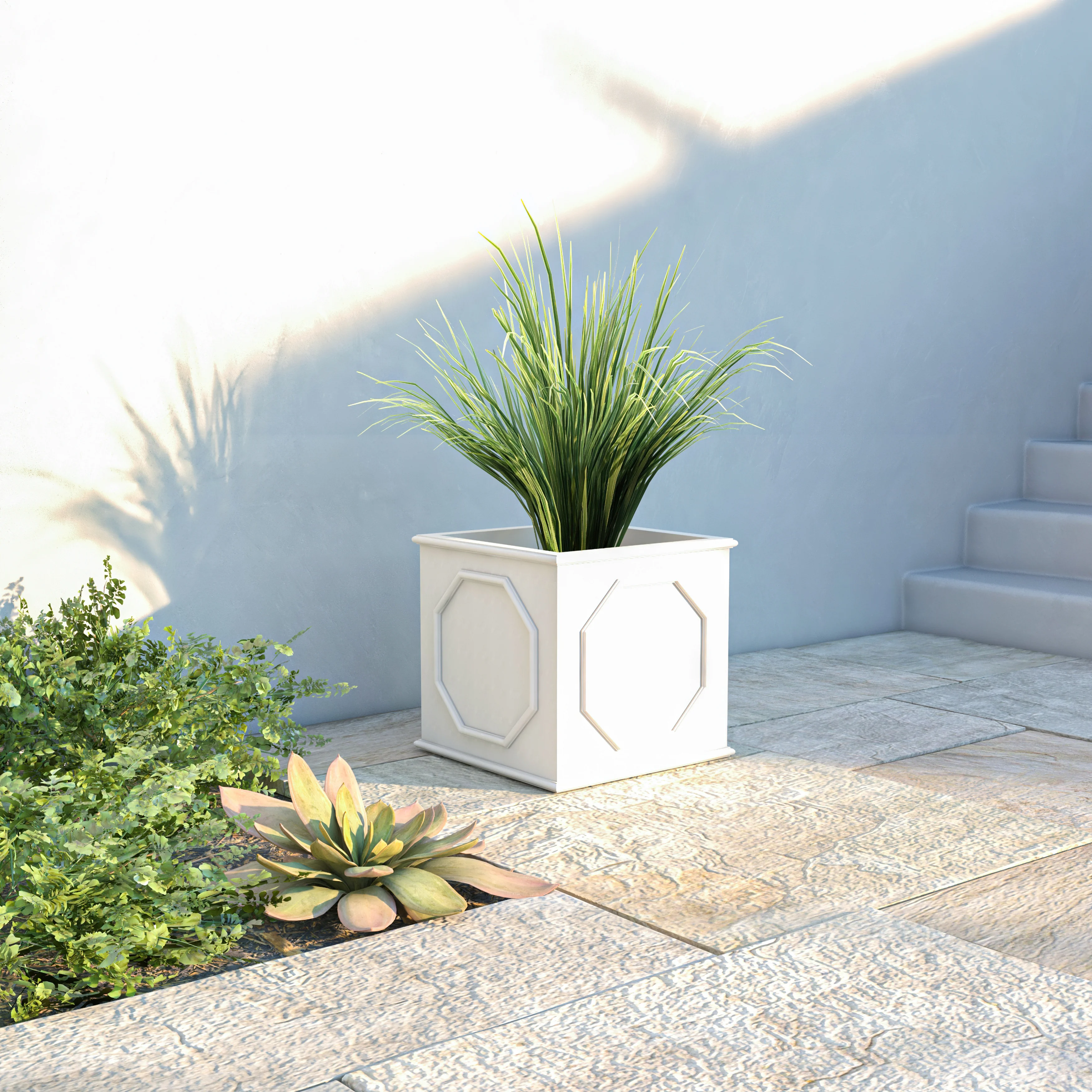 Sprout Series Cubic Fiber Stone Planter in White 17.7 Cube