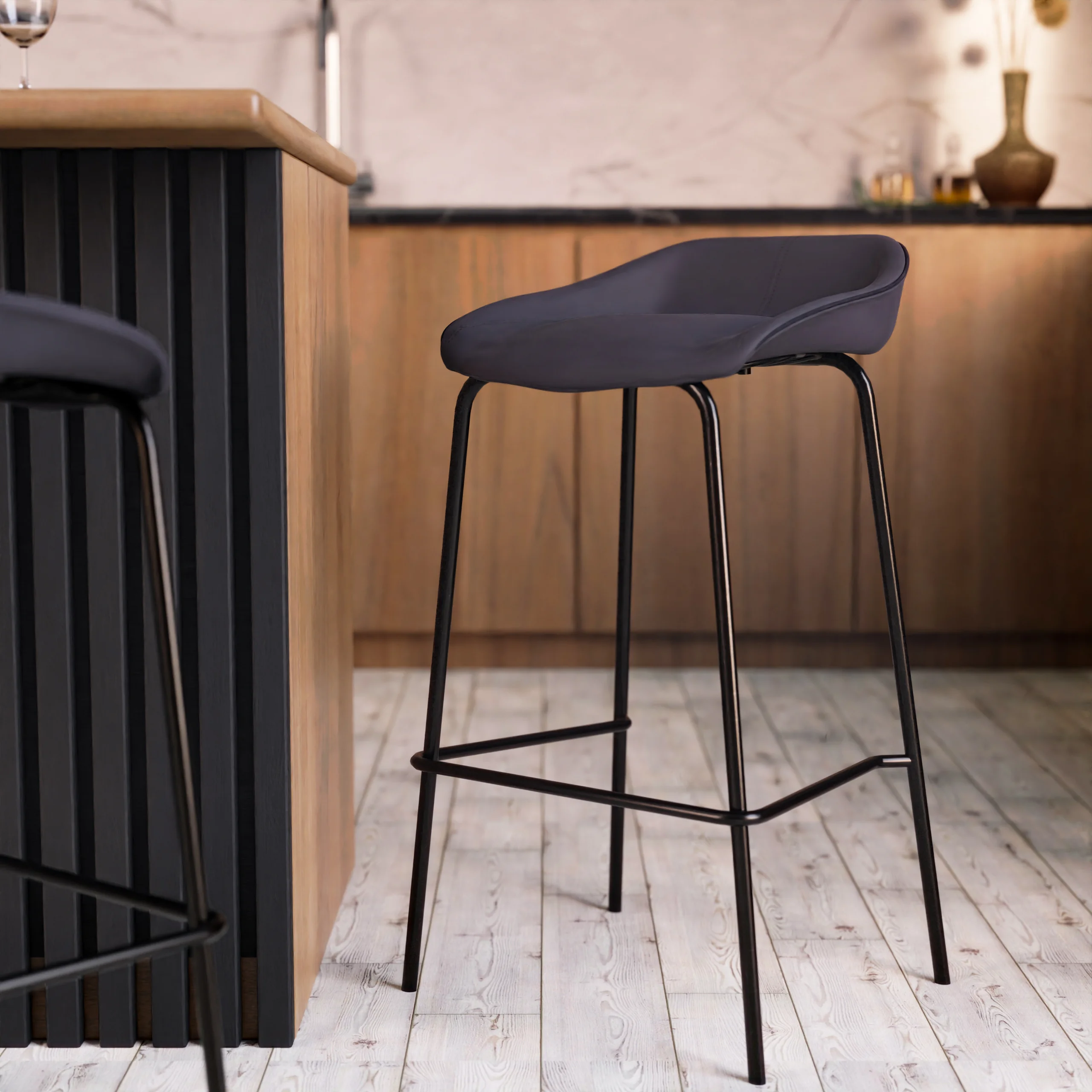 Servos Modern Barstool with Upholstered Faux Leather Seat and Powder Coated Iron Frame in Black