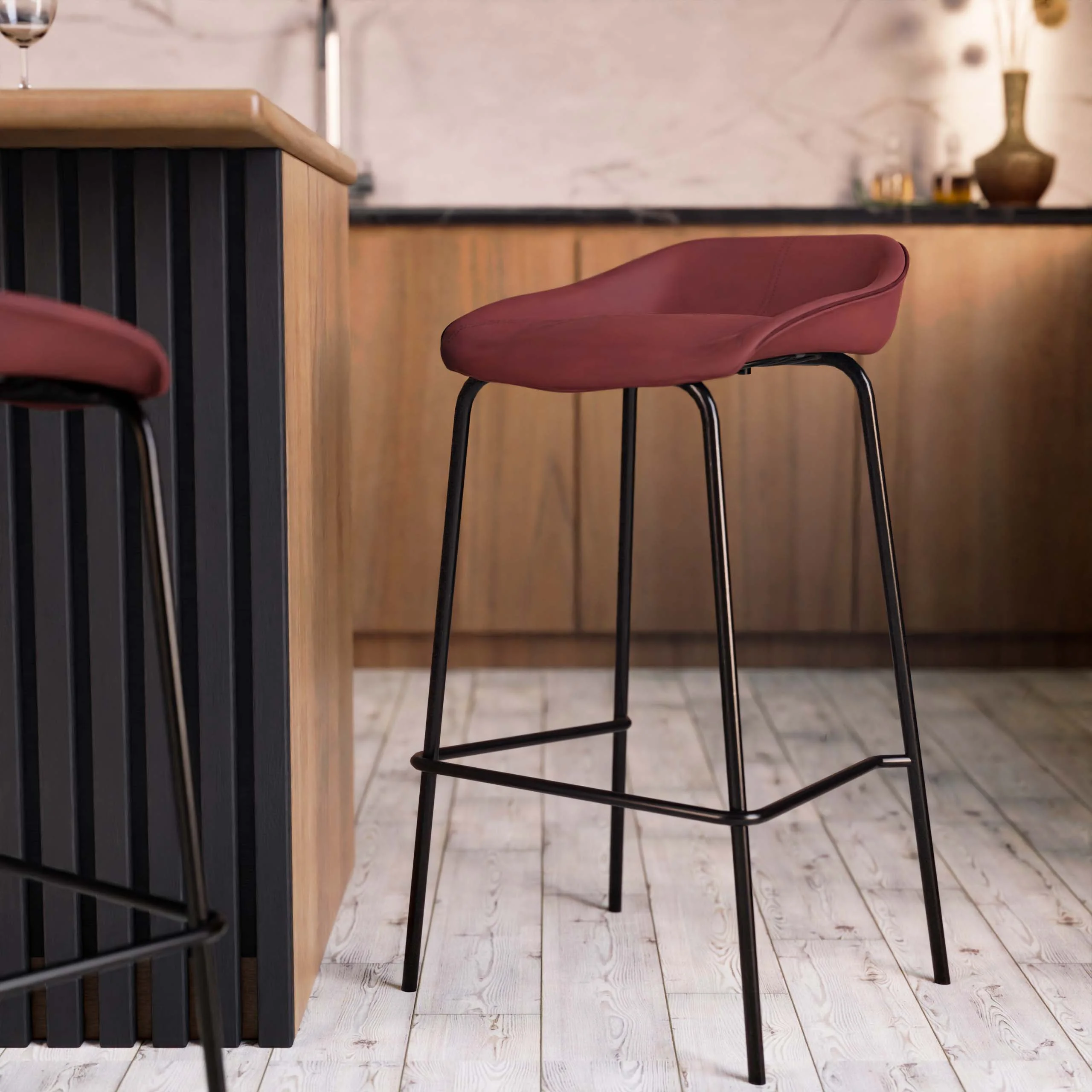 Servos Modern Barstool with Upholstered Faux Leather Seat and Powder Coated Iron Frame in Bordeaux