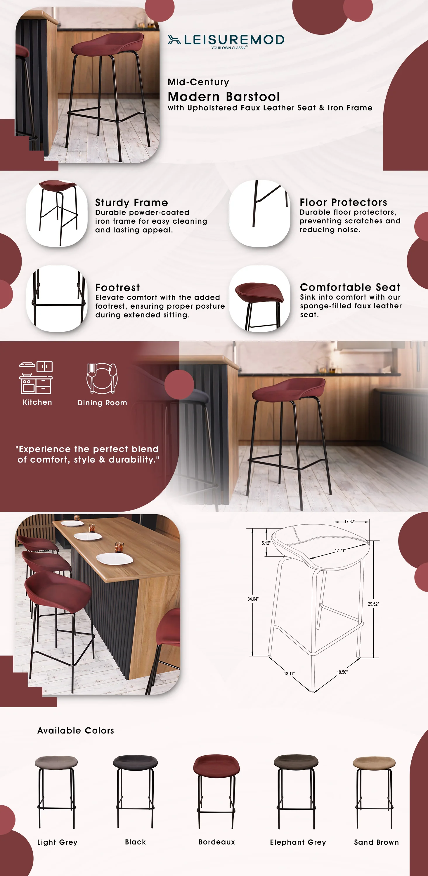 Servos Modern Barstool with Upholstered Faux Leather Seat and Powder Coated Iron Frame in Bordeaux