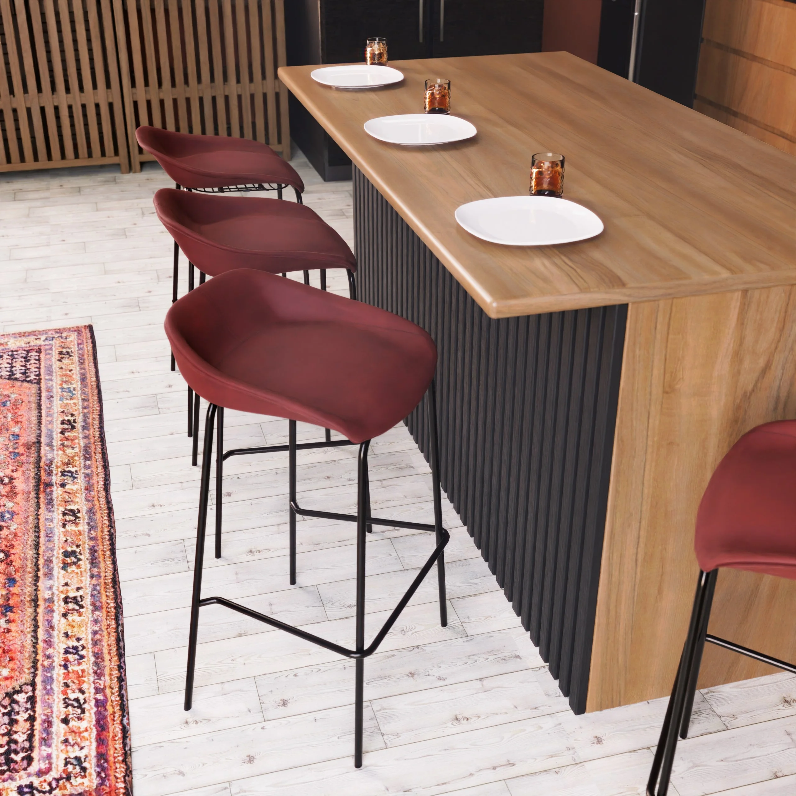 Servos Modern Barstool with Upholstered Faux Leather Seat and Powder Coated Iron Frame in Bordeaux