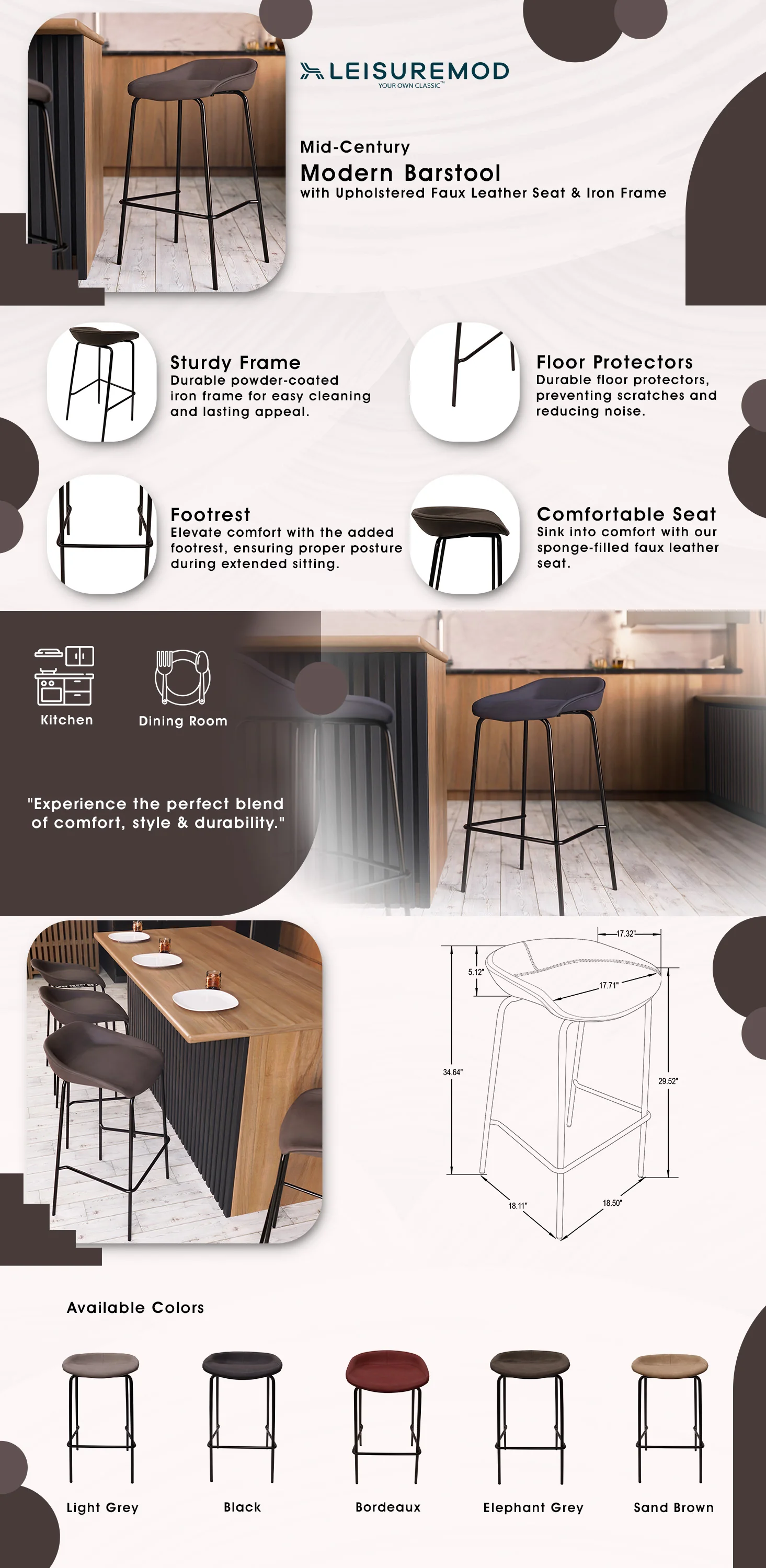 Servos Modern Barstool with Upholstered Faux Leather Seat and Powder Coated Iron Frame in Elephant Grey