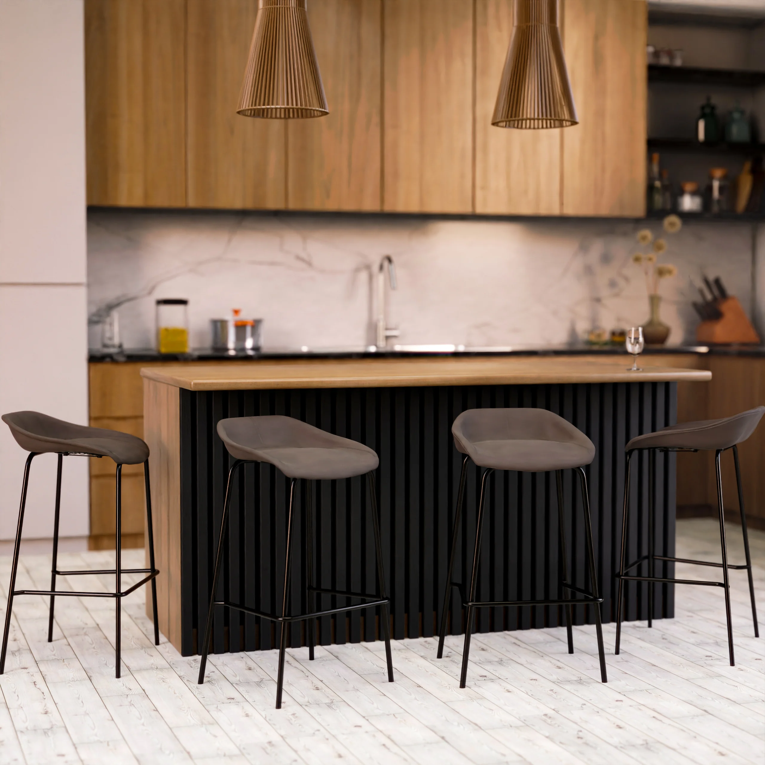 Servos Modern Barstool with Upholstered Faux Leather Seat and Powder Coated Iron Frame in Elephant Grey