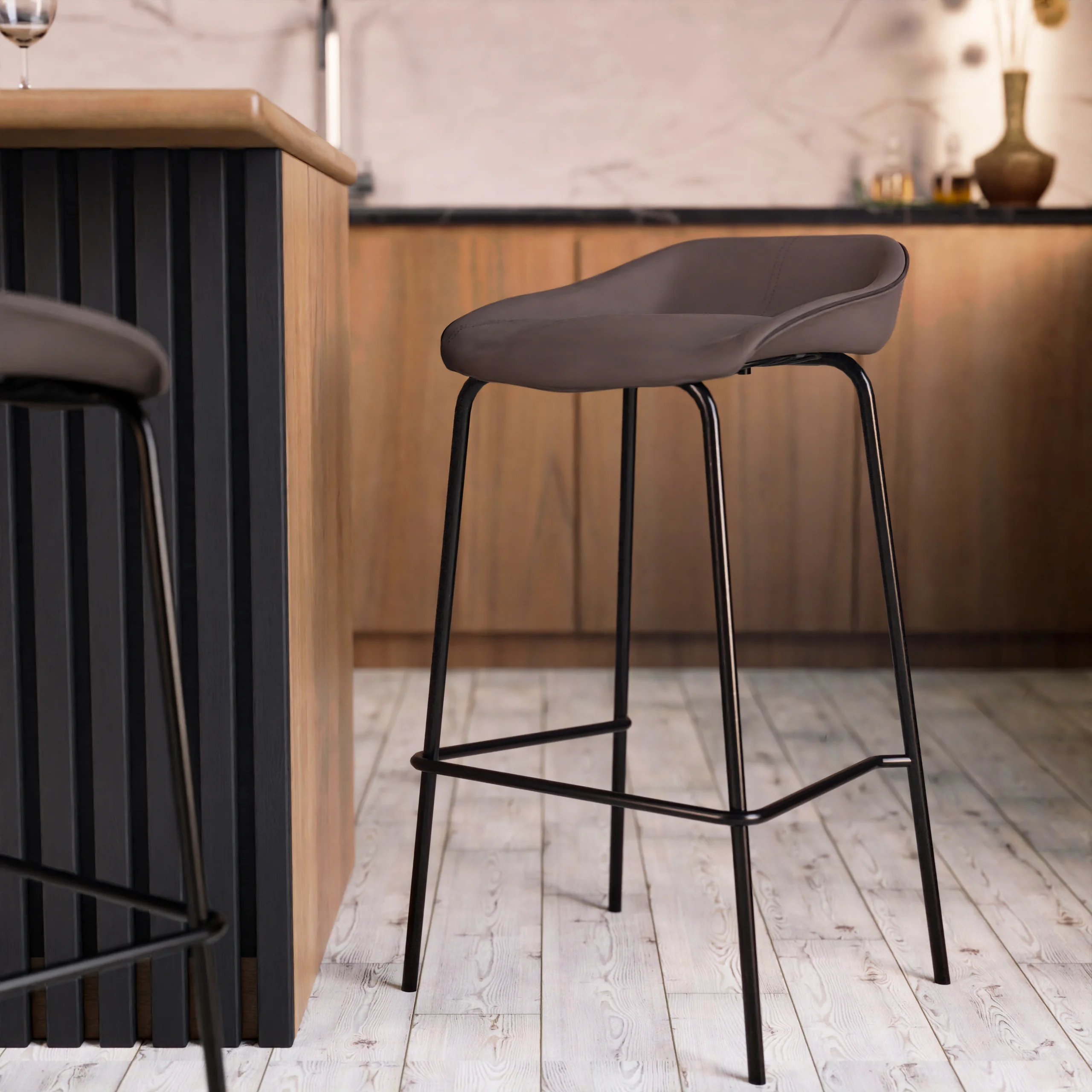 Servos Modern Barstool with Upholstered Faux Leather Seat and Powder Coated Iron Frame in Elephant Grey