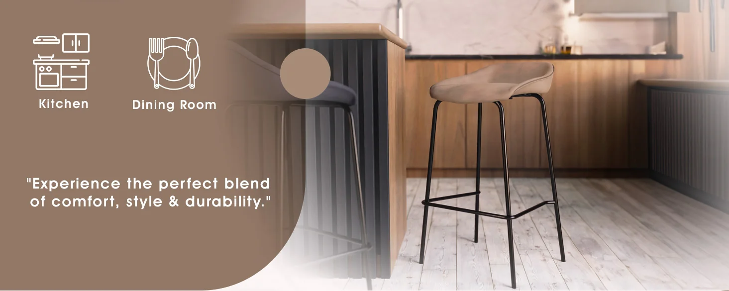 Servos Modern Barstool with Upholstered Faux Leather Seat and Powder Coated Iron Frame in Sand Brown