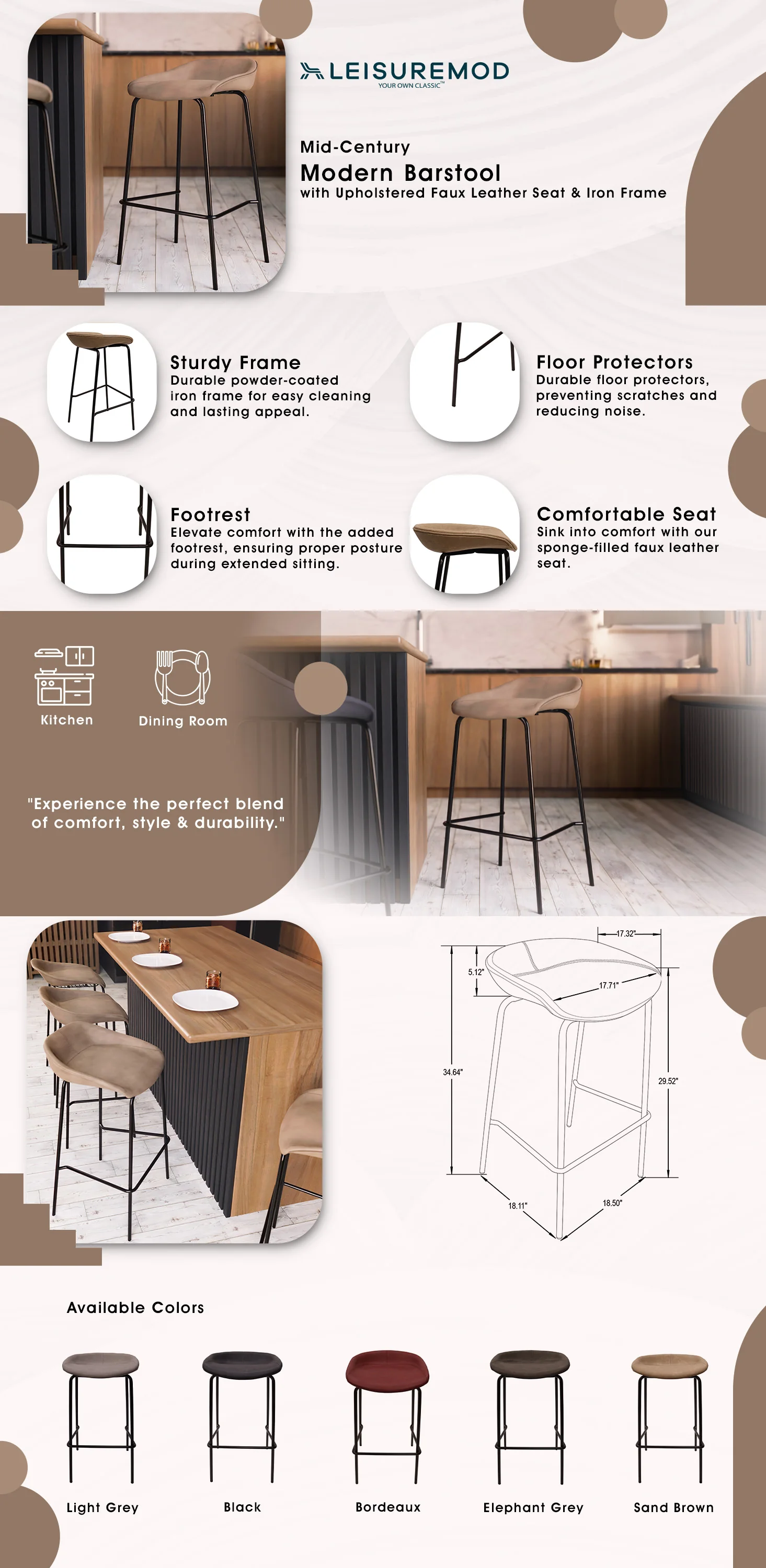 Servos Modern Barstool with Upholstered Faux Leather Seat and Powder Coated Iron Frame in Sand Brown