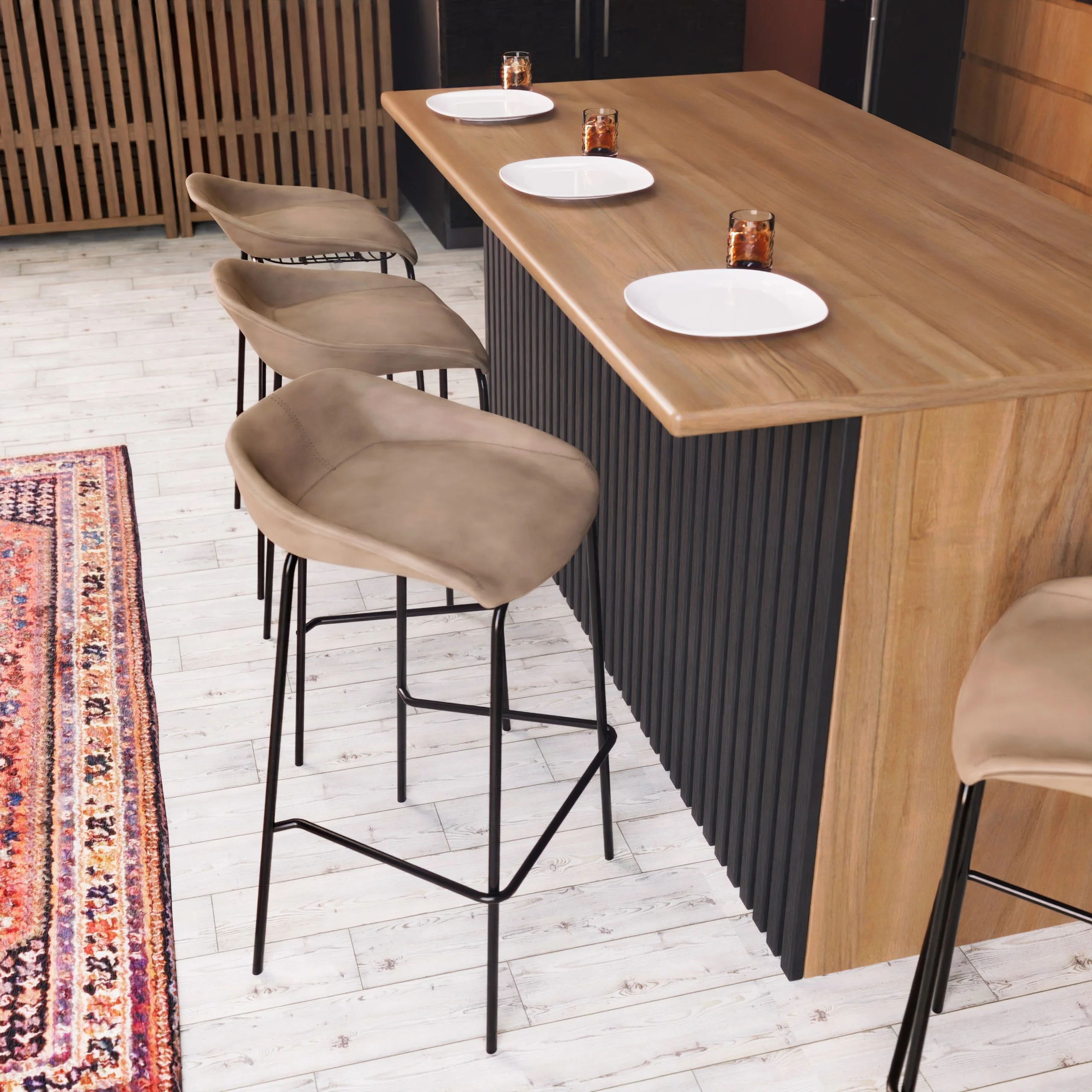 Servos Modern Barstool with Upholstered Faux Leather Seat and Powder Coated Iron Frame in Sand Brown