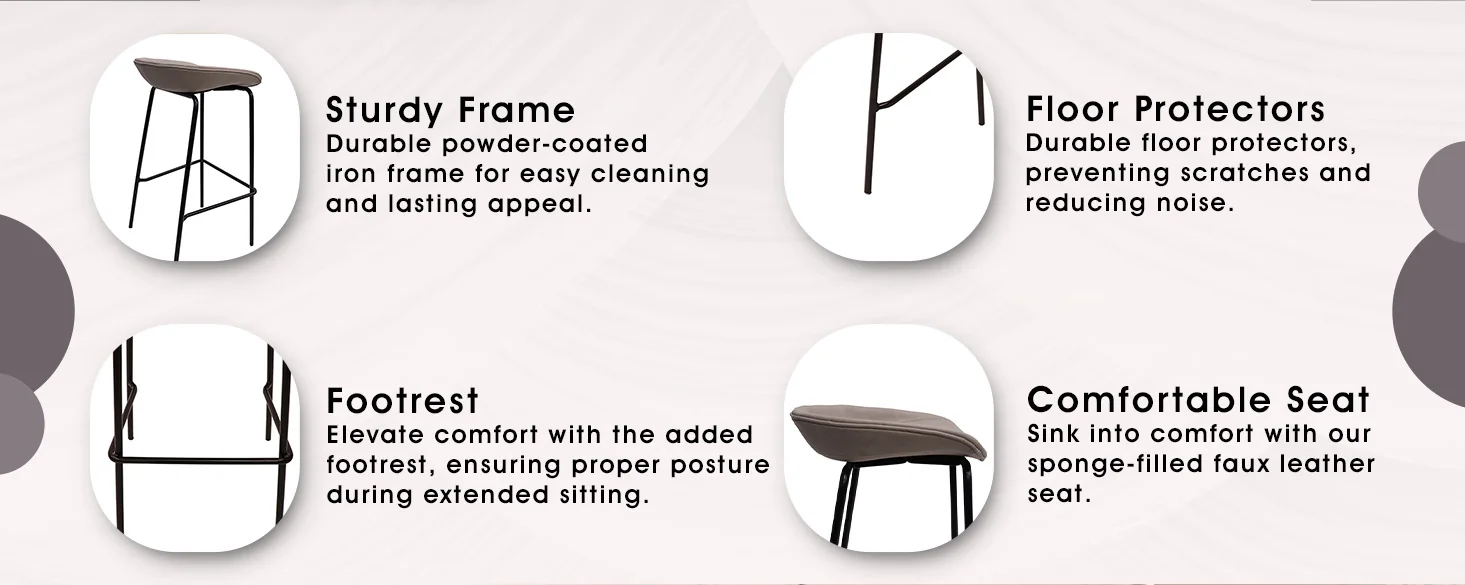 Servos Modern Barstool with Upholstered Faux Leather Seat and Powder Coated Iron Frame in Light Grey