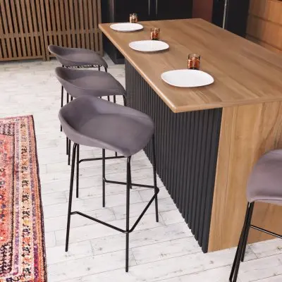 Servos Modern Barstool with Upholstered Faux Leather Seat and Powder Coated Iron Frame in Light Grey