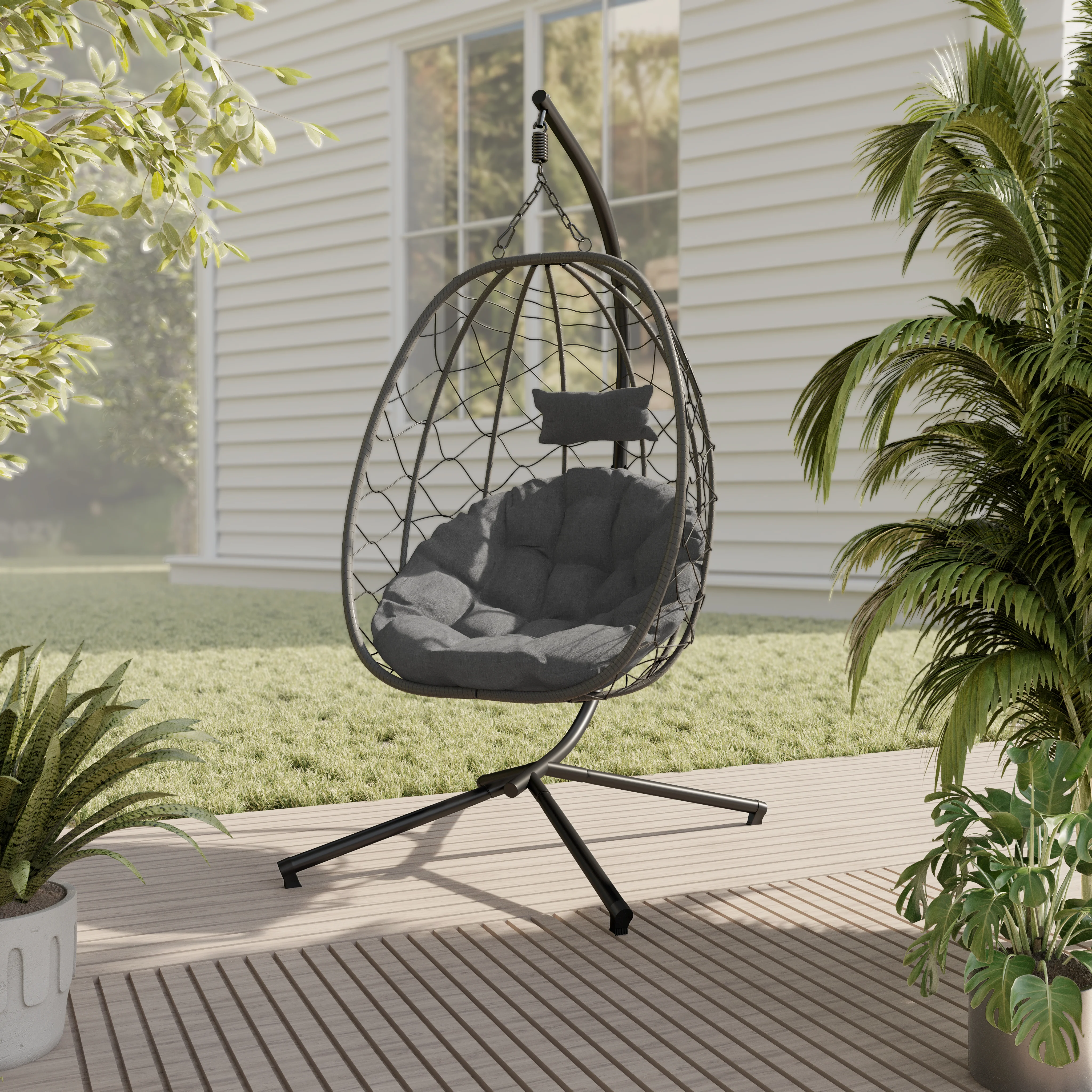 Summit Series Outdoor Egg Swing Chair In Black With CHarcoal Cushions
