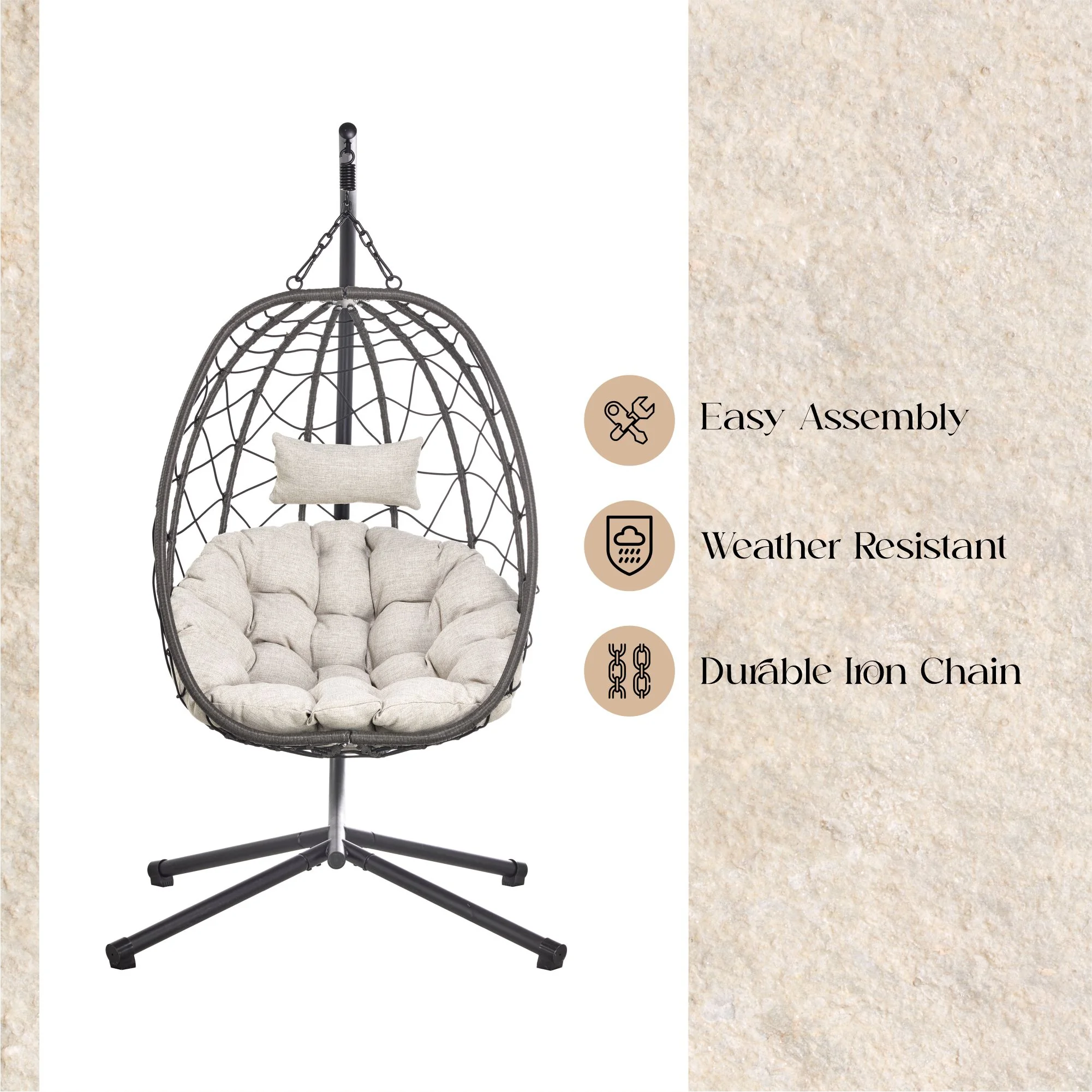 Summit Series Outdoor Egg Swing Chair In Black With Light Brown Cushions