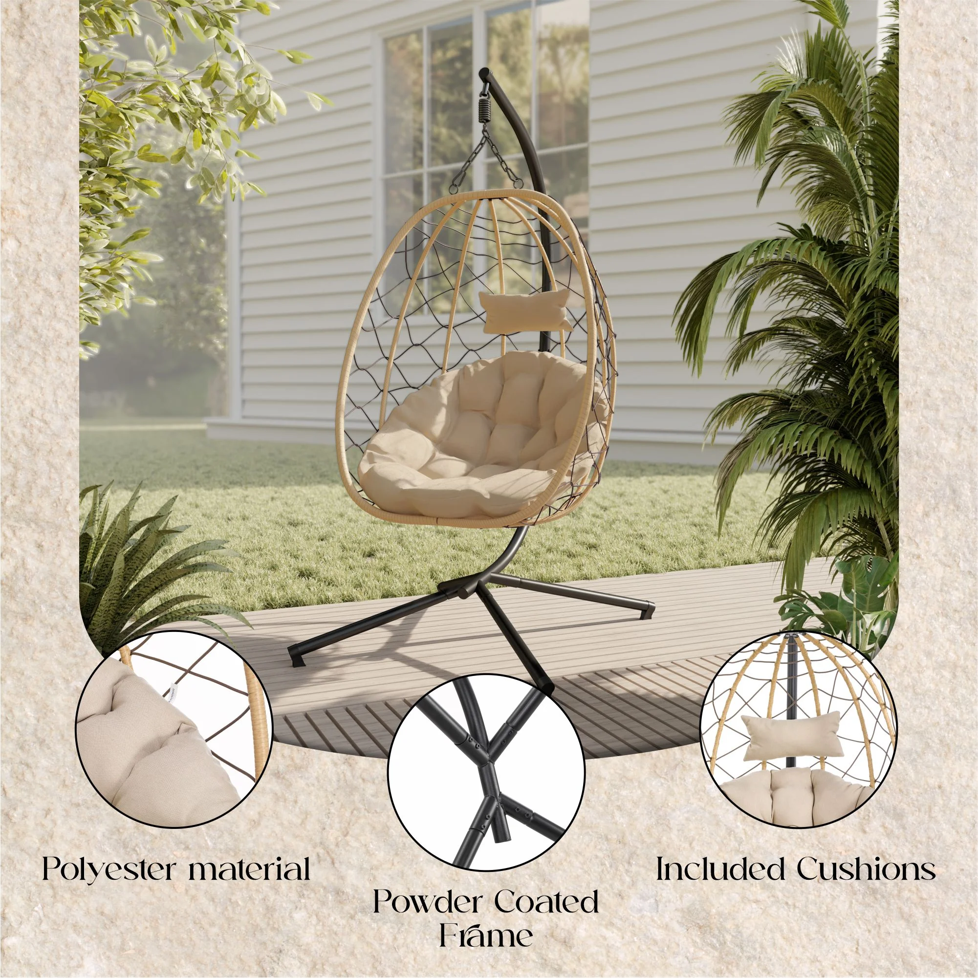 Summit Series Outdoor Egg Swing Chair In Brwon With Beige Cushions