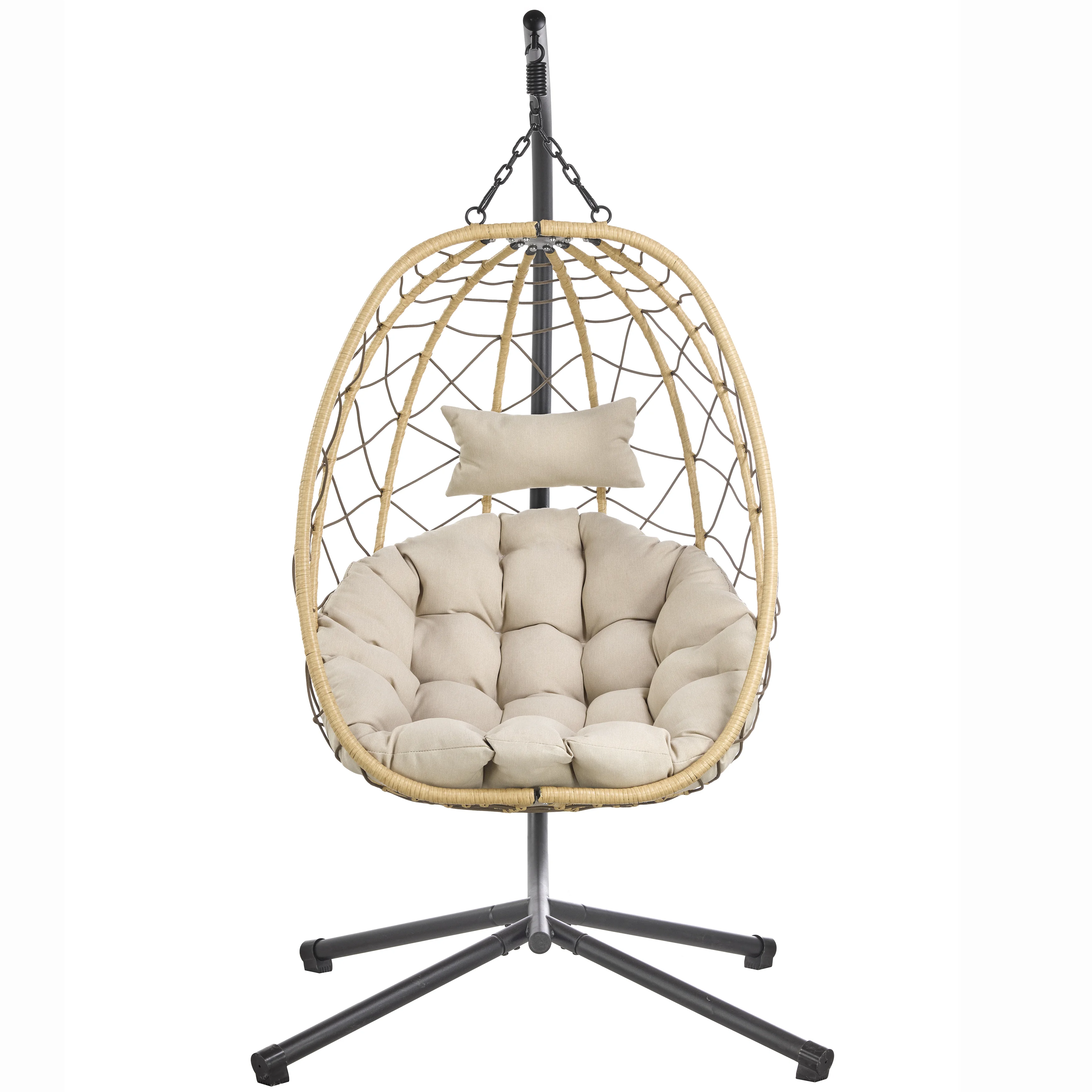 Summit Series Outdoor Egg Swing Chair In Brwon With Beige Cushions