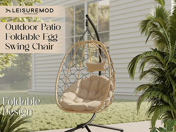 Summit Series Outdoor Egg Swing Chair In Brwon With Beige Cushions