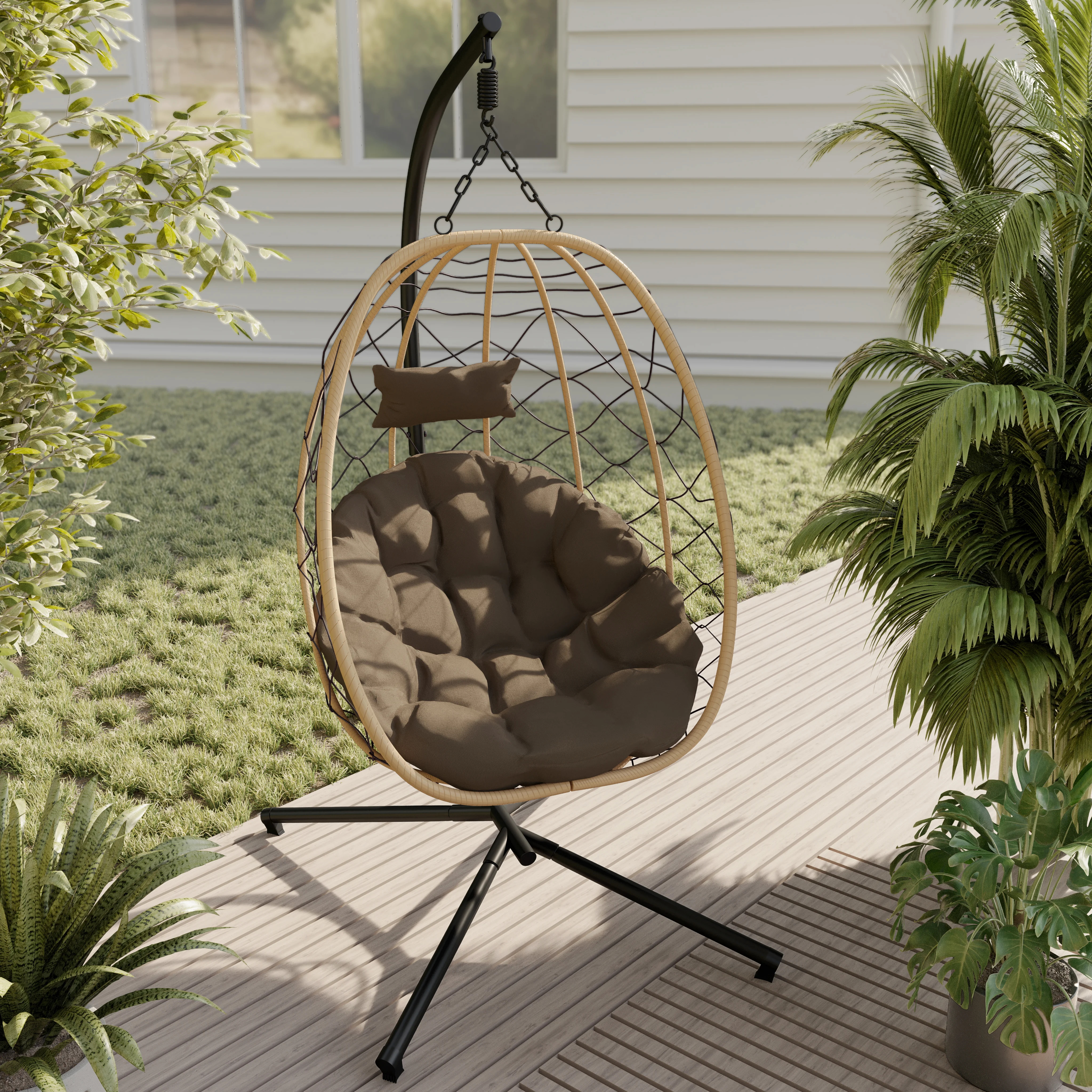 Summit Series Outdoor Egg Swing Chair In Brwon With Bown Cushions