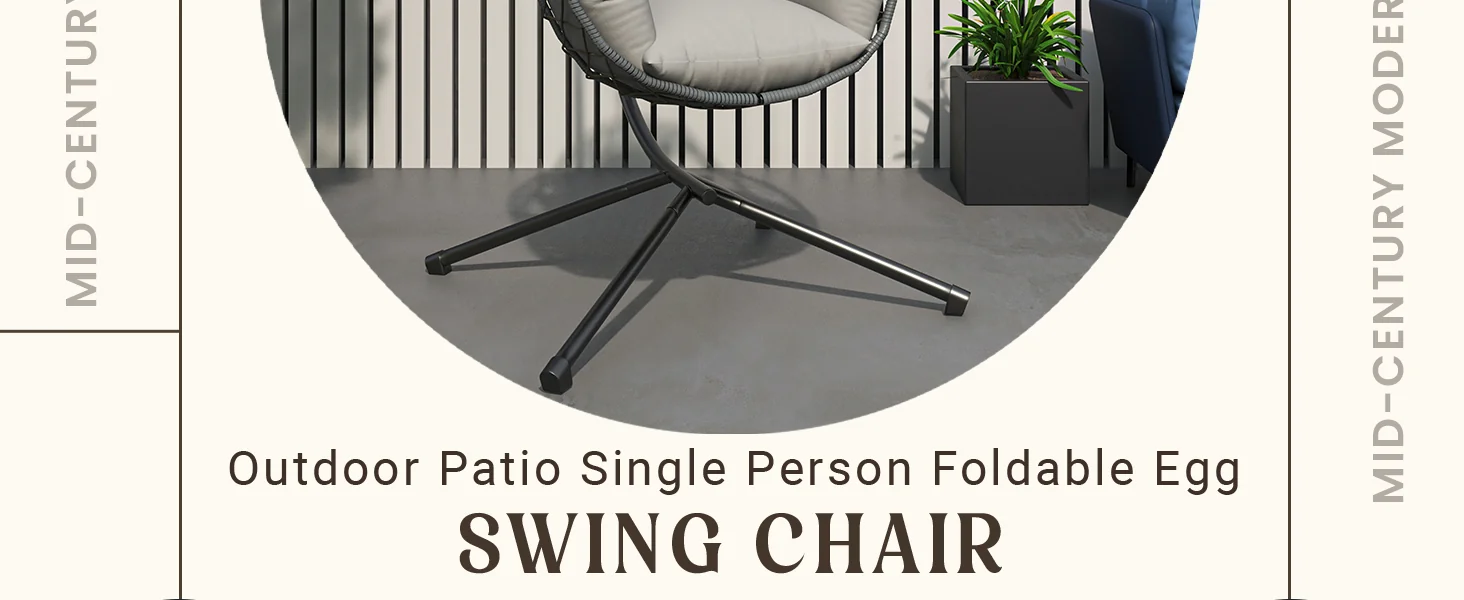 Summit Mid-Century Modern Outdoor Single Person Egg Swing Chair in Grey Steel Frame With Removable Cushions