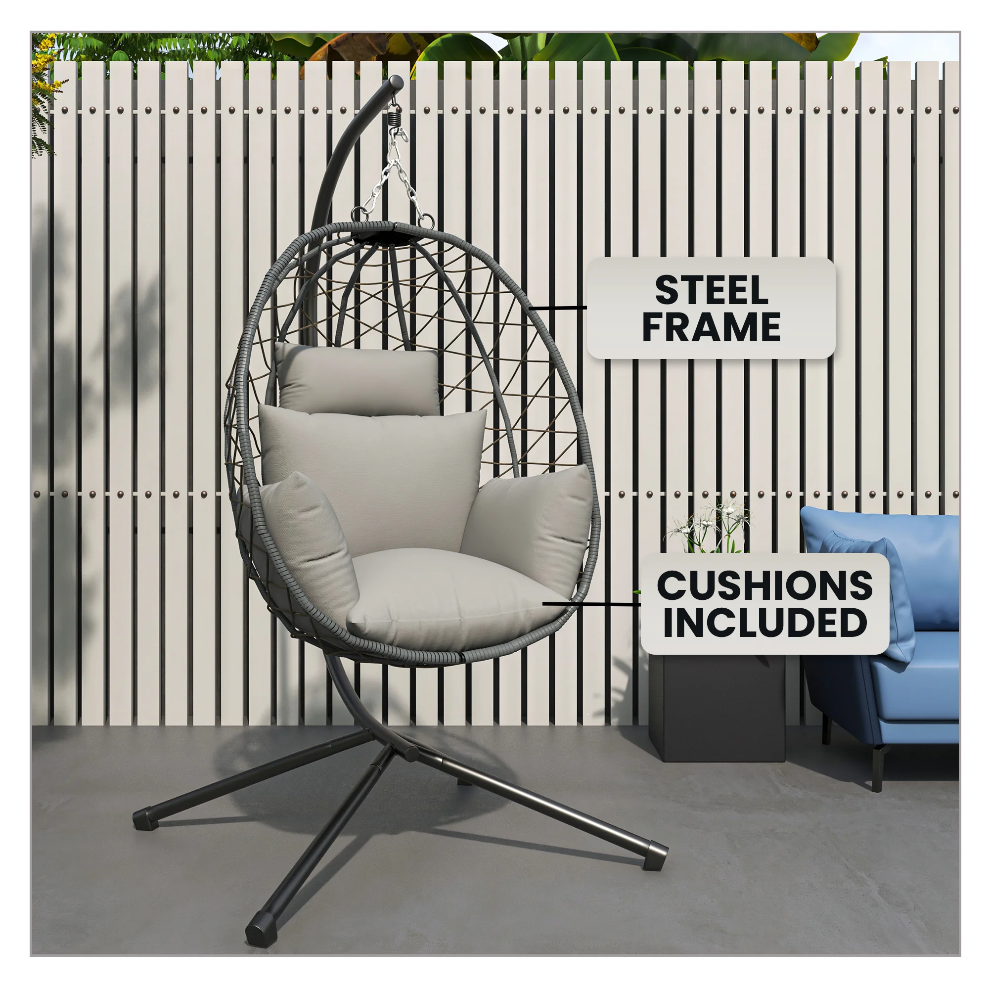 Summit Mid-Century Modern Outdoor Single Person Egg Swing Chair in Grey Steel Frame With Removable Cushions