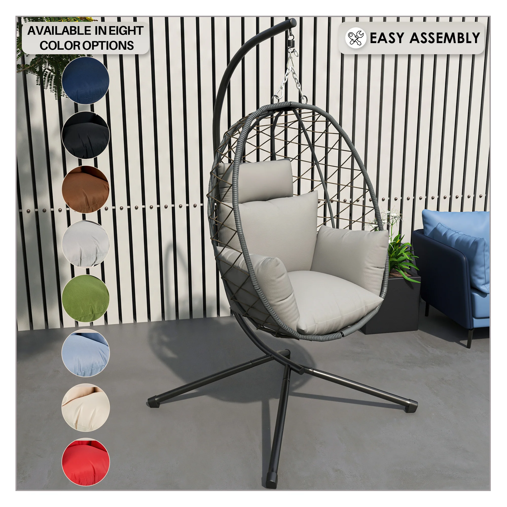 Summit Mid-Century Modern Outdoor Single Person Egg Swing Chair in Grey Steel Frame With Removable Cushions
