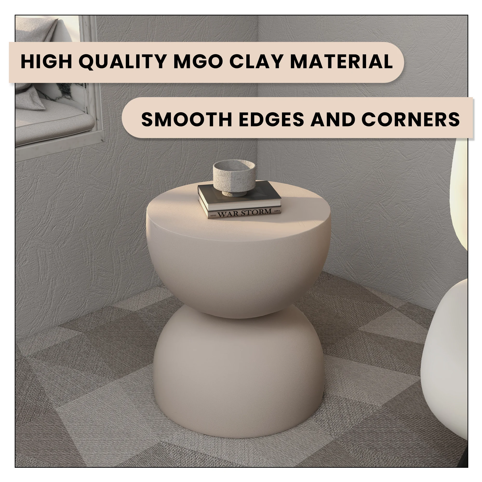 Sage Collection Fiberglass Outdoor Side Table in Beige