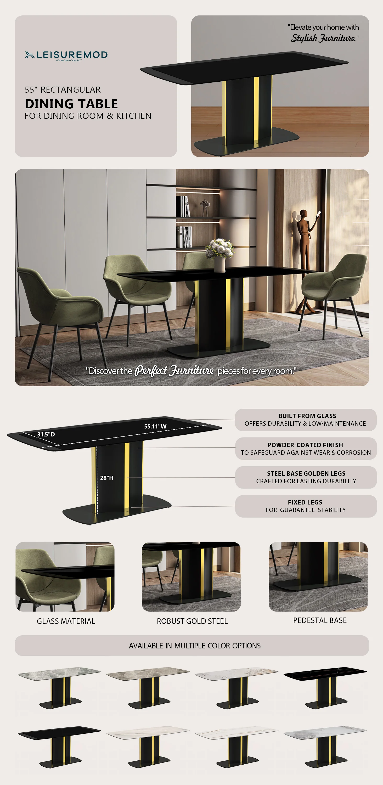 Sylva Series Modern Dining Table Black and Gold Base, With 55 Black Glass Top