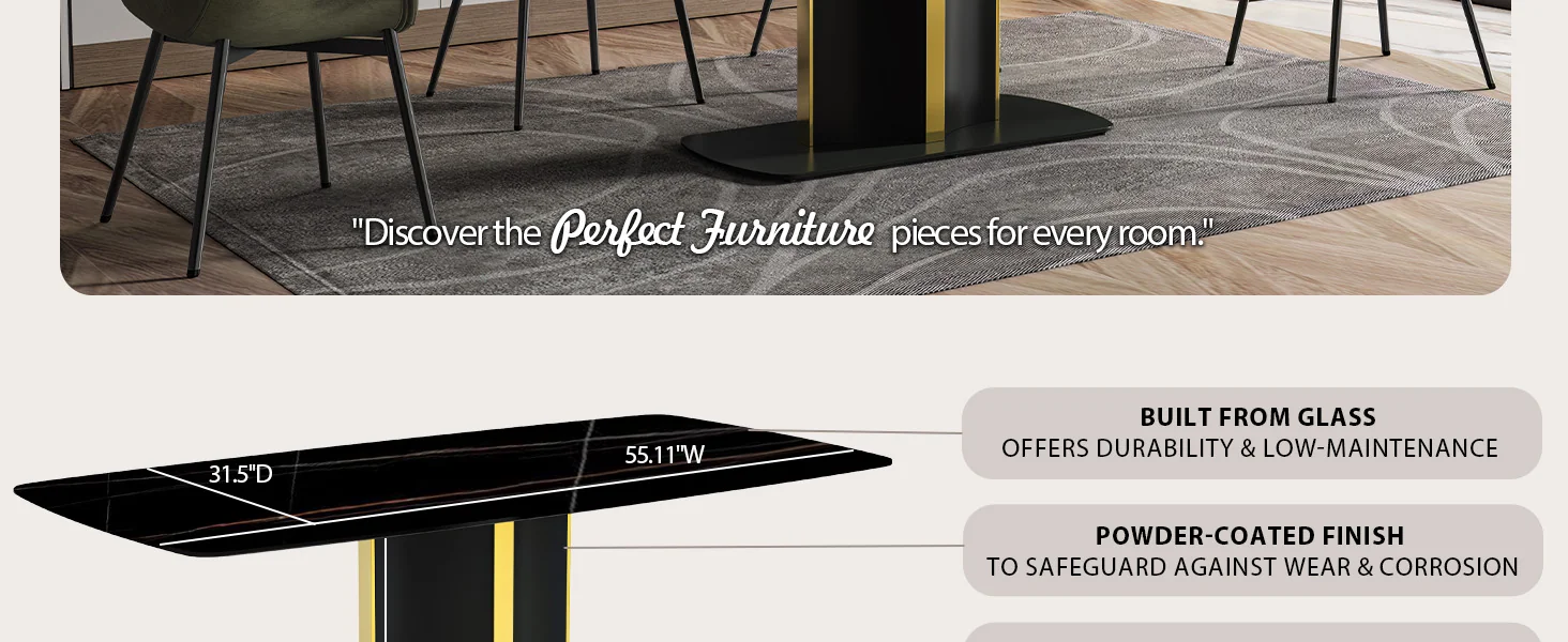 Sylva Series Modern Dining Table Black and Gold Base, With 55 Black/Gold Sintered Stone Top