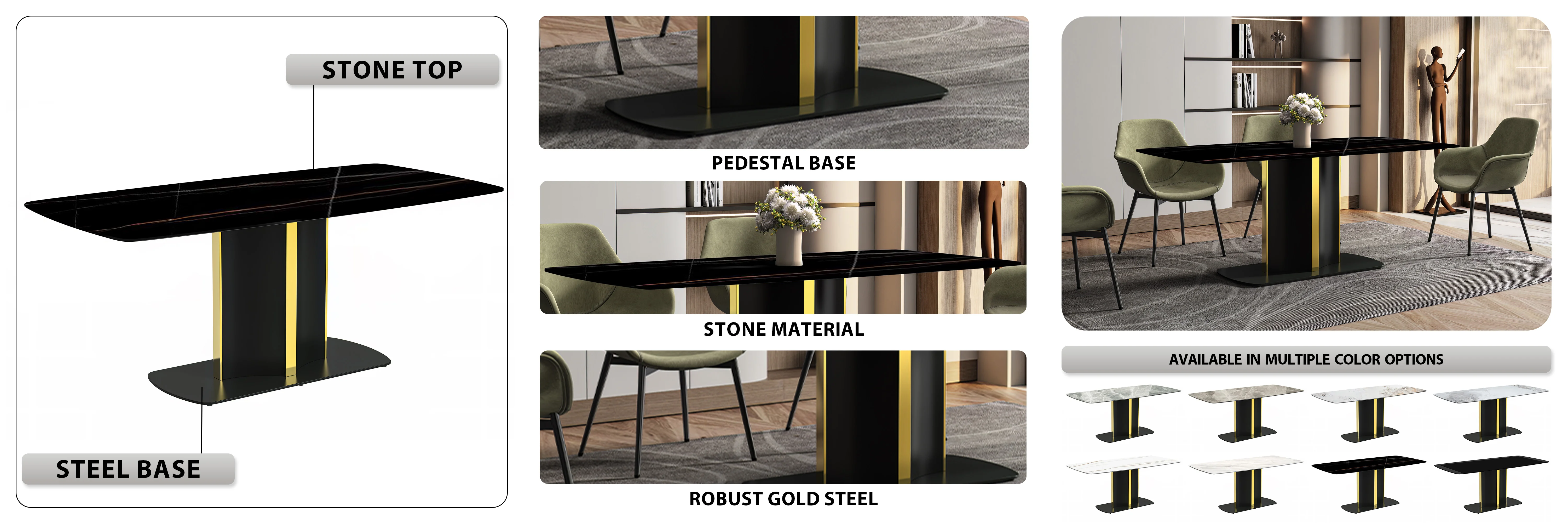 Sylva Series Modern Dining Table Black and Gold Base, With 55 Black/Gold Sintered Stone Top