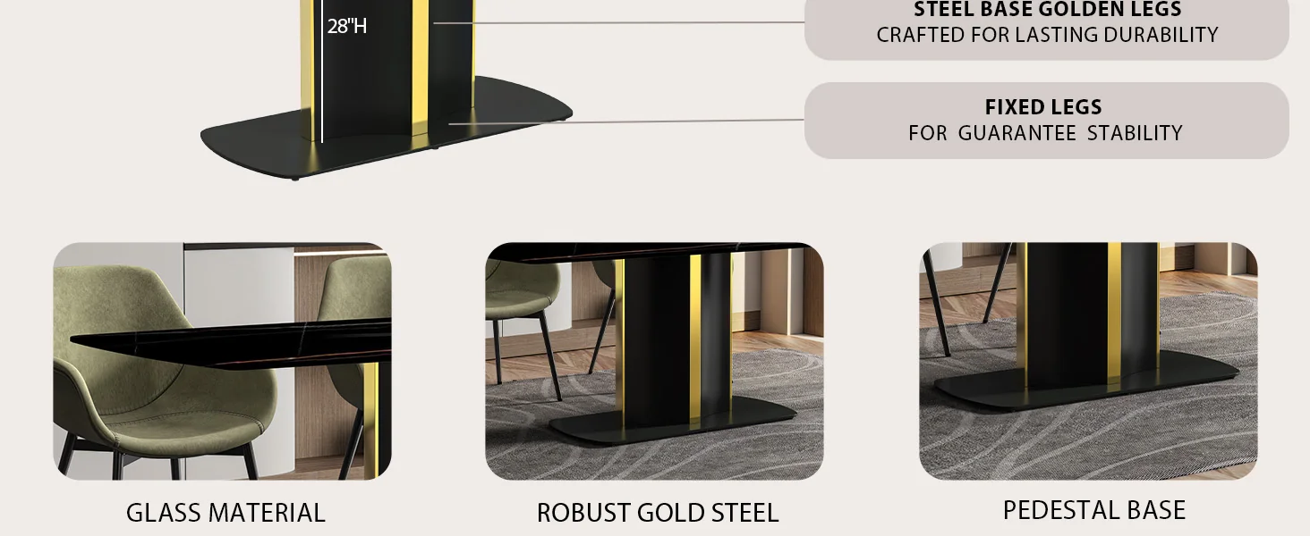 Sylva Series Modern Dining Table Black and Gold Base, With 55 Black/Gold Sintered Stone Top