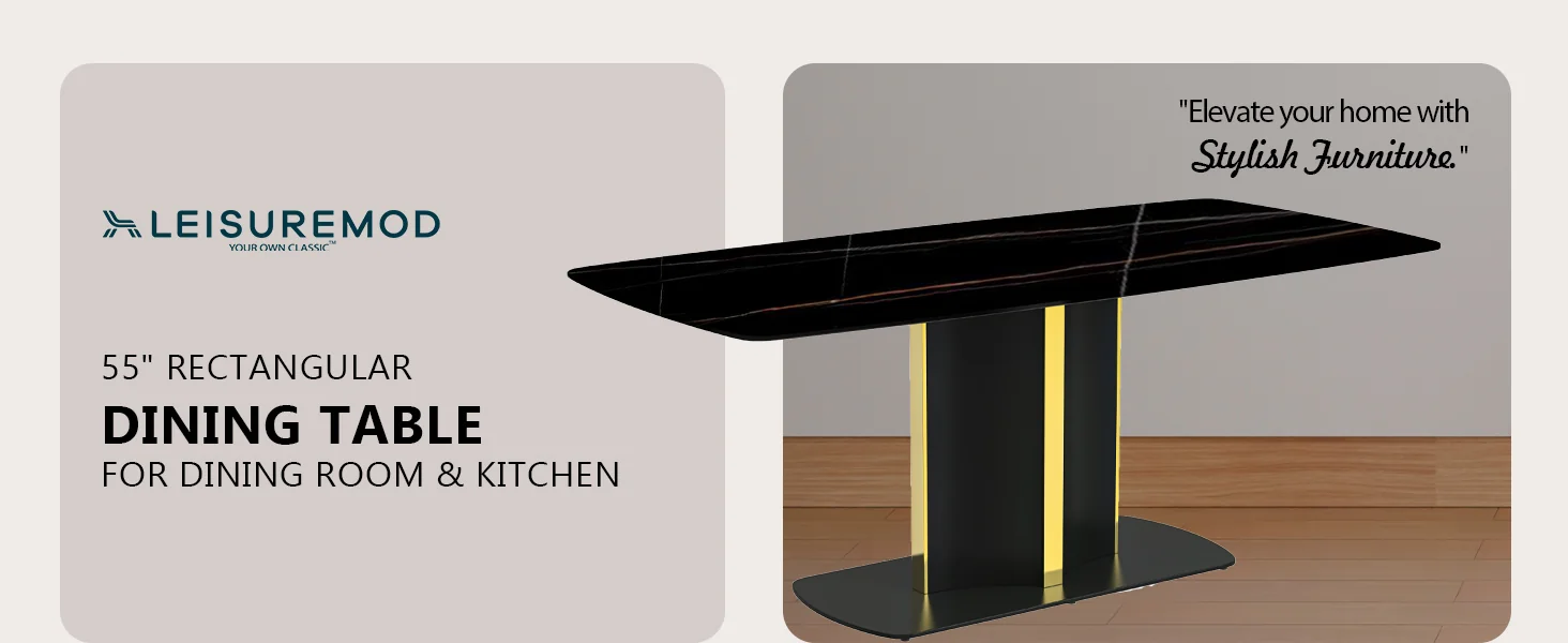 Sylva Series Modern Dining Table Black and Gold Base, With 55 Black/Gold Sintered Stone Top
