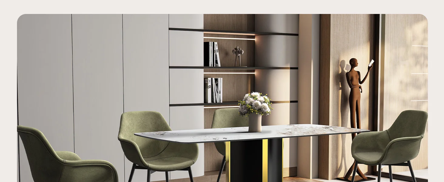 Sylva Series Modern Dining Table Black and Gold Base, With 55 White Grey Sintered Stone Top