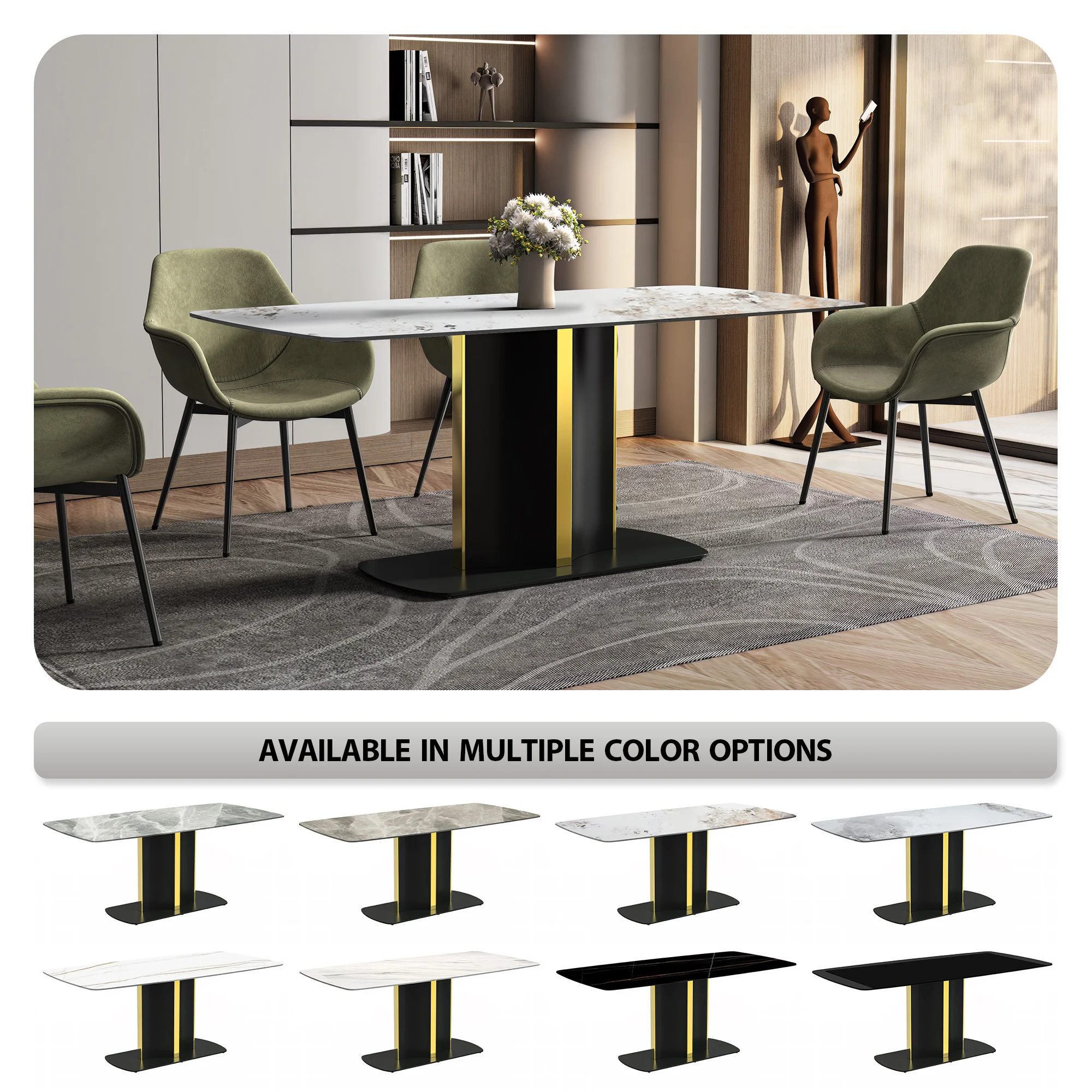 Sylva Series Modern Dining Table Black and Gold Base, With 55 White Grey Sintered Stone Top