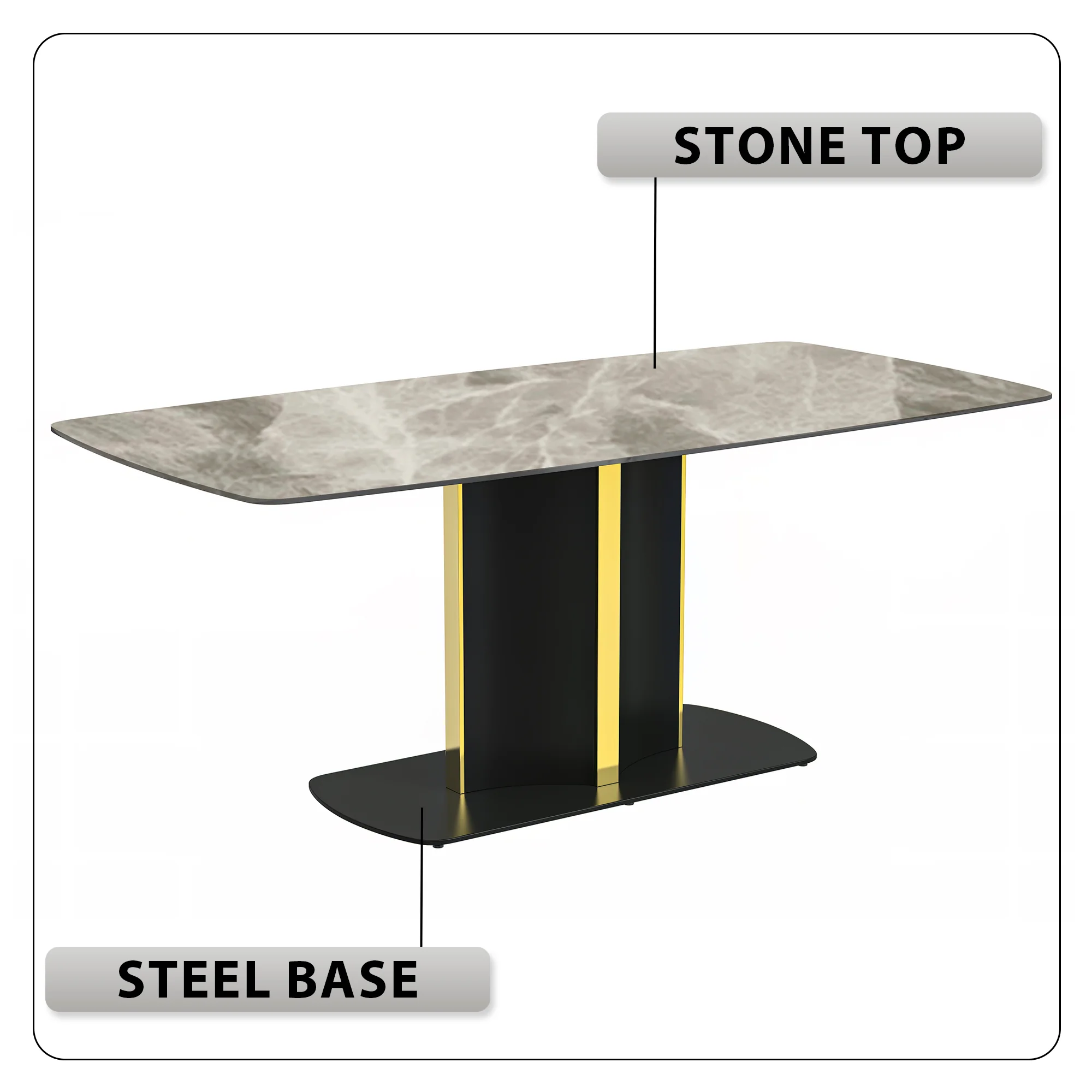 Sylva Series Modern Dining Table Black and Gold Base, With 55 Deep Grey Sintered Stone Top