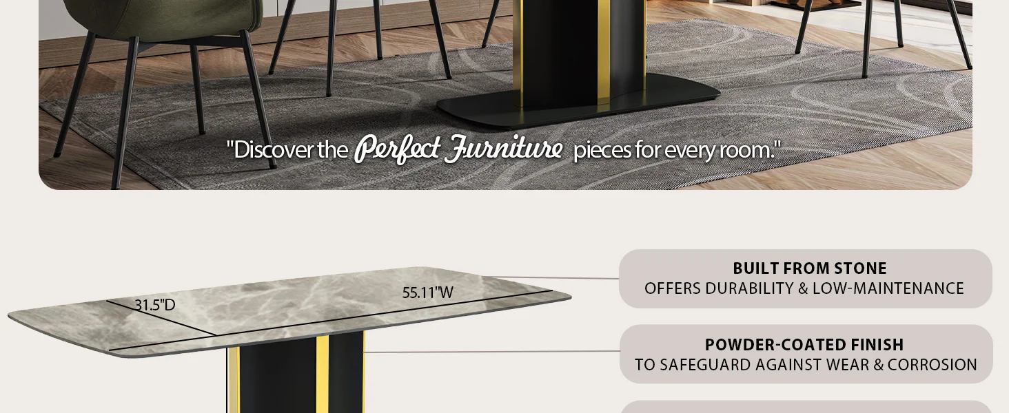 Sylva Series Modern Dining Table Black and Gold Base, With 55 Deep Grey Sintered Stone Top