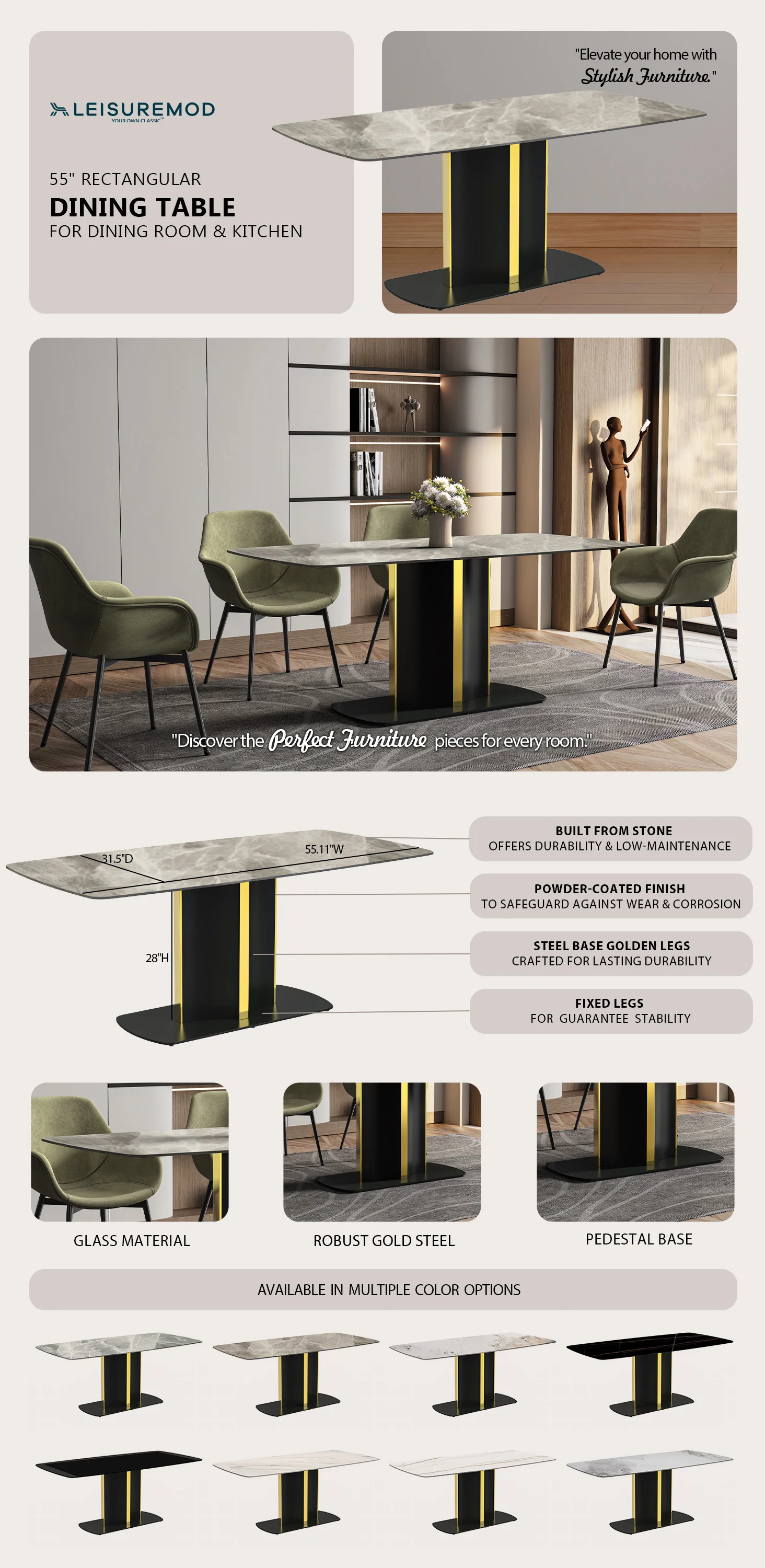 Sylva Series Modern Dining Table Black and Gold Base, With 55 Deep Grey Sintered Stone Top