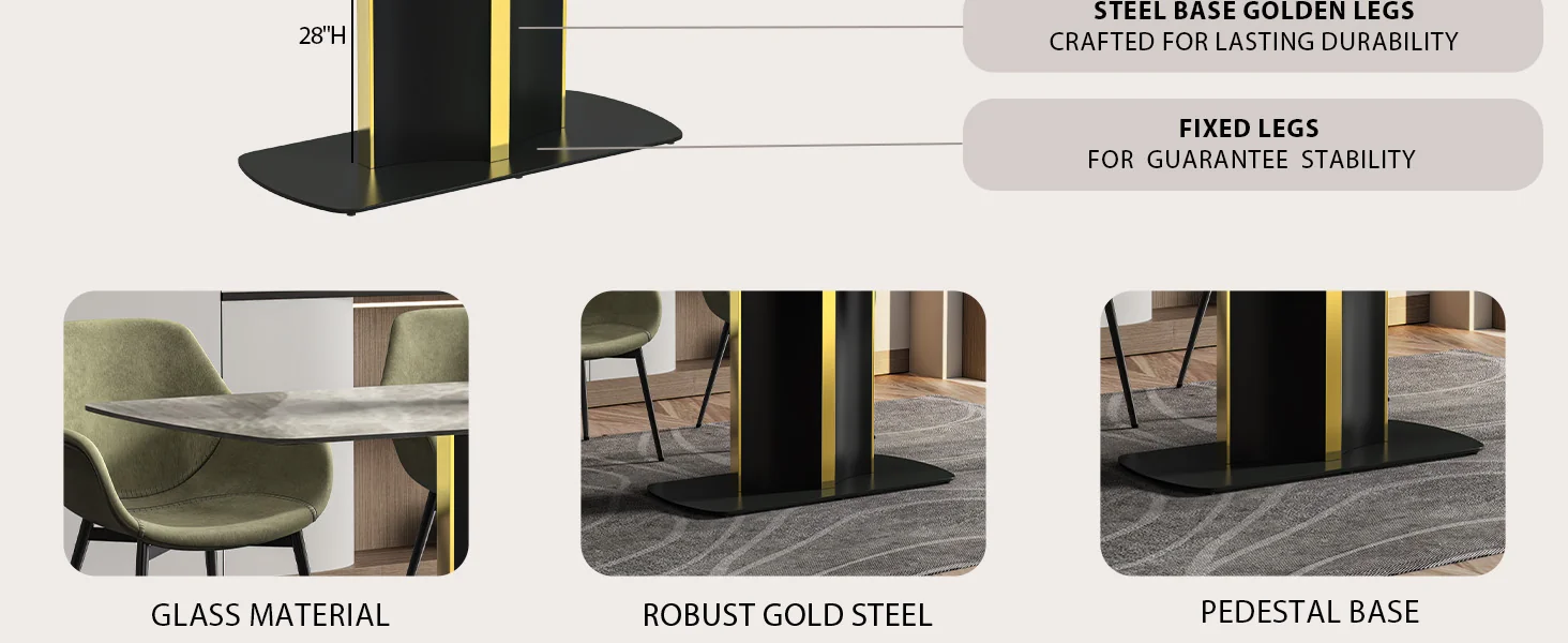 Sylva Series Modern Dining Table Black and Gold Base, With 55 Deep Grey Sintered Stone Top