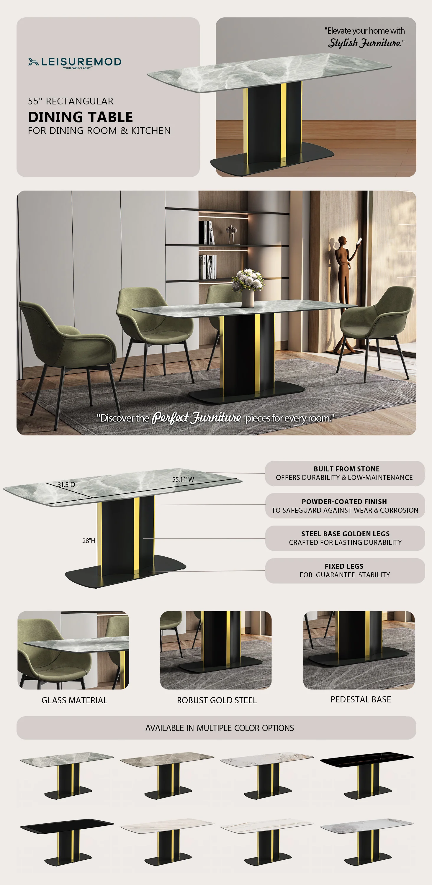 Sylva Series Modern Dining Table Black and Gold Base, With 55 Light Grey Sintered Stone Top