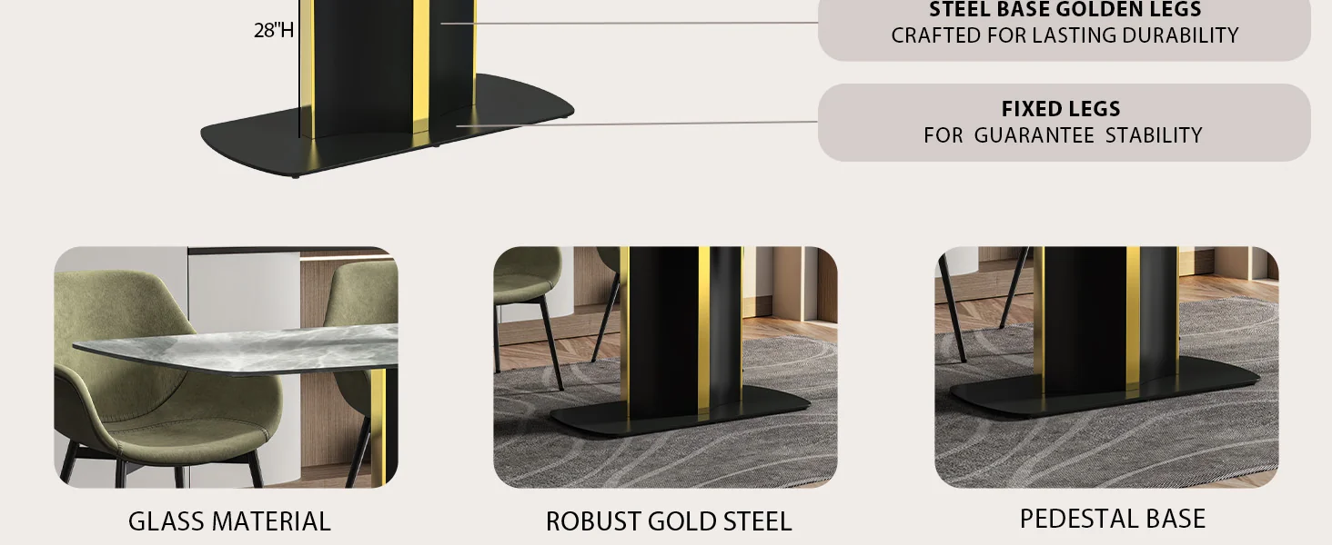 Sylva Series Modern Dining Table Black and Gold Base, With 55 Light Grey Sintered Stone Top