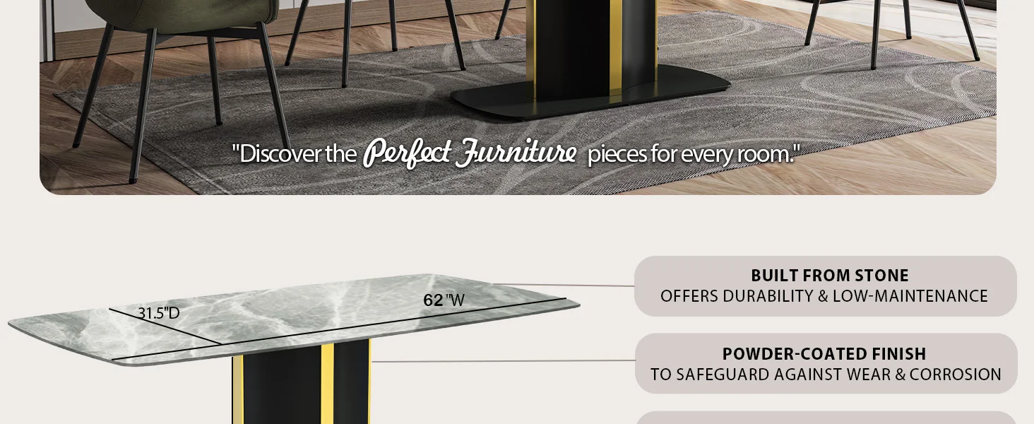 Sylva Series Modern Dining Table Black and Gold Base, With 55 Light Grey Sintered Stone Top