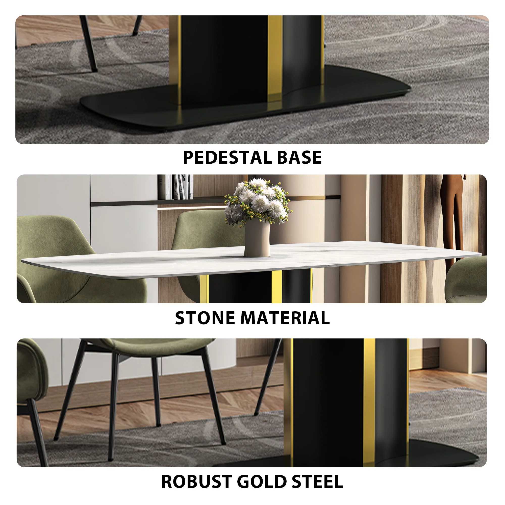 Sylva Series Modern Dining Table Black and Gold Base, With 55 White Sintered Stone Top