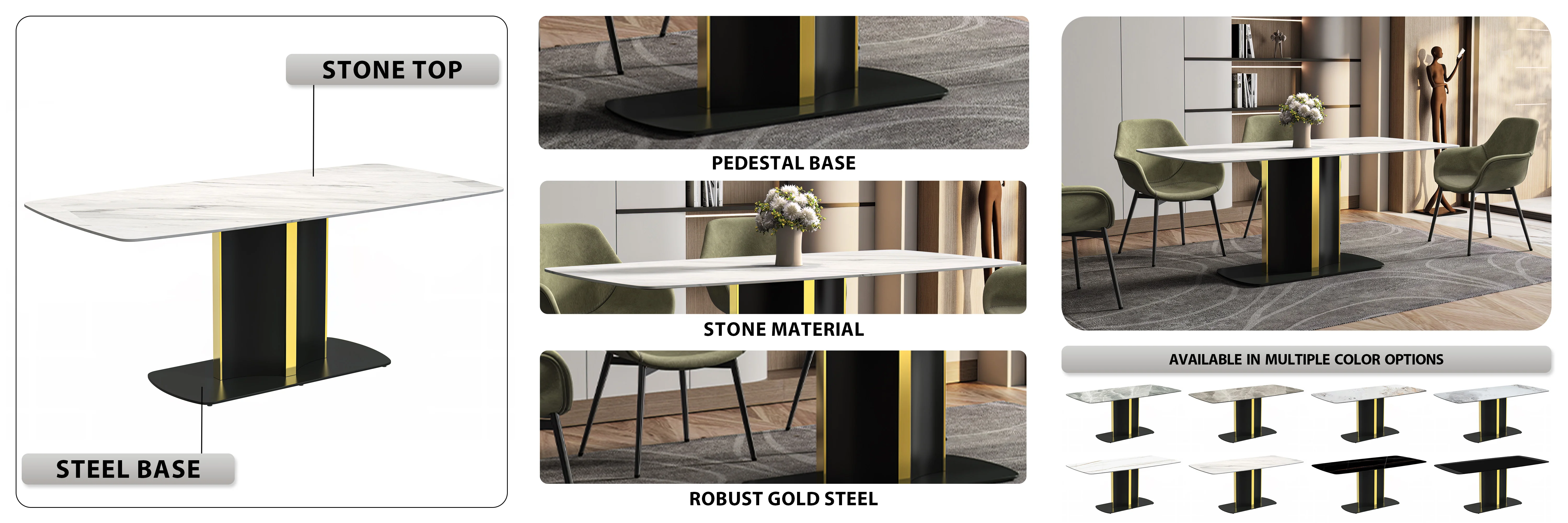 Sylva Series Modern Dining Table Black and Gold Base, With 55 White Sintered Stone Top