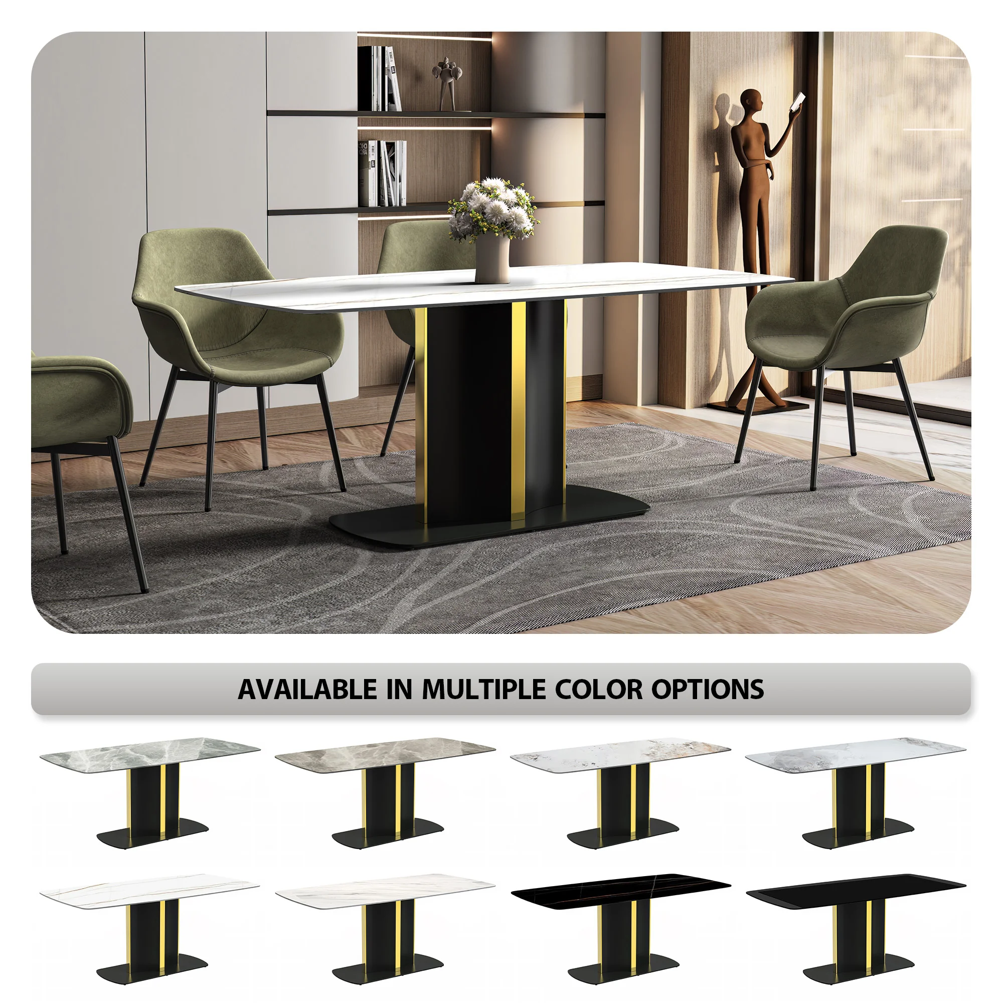 Sylva Series Modern Dining Table Black and Gold Base, With 55 White/Gold Sintered Stone Top