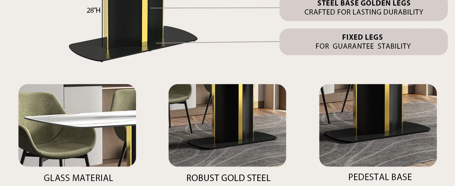 Sylva Series Modern Dining Table Black and Gold Base, With 55 White/Gold Sintered Stone Top