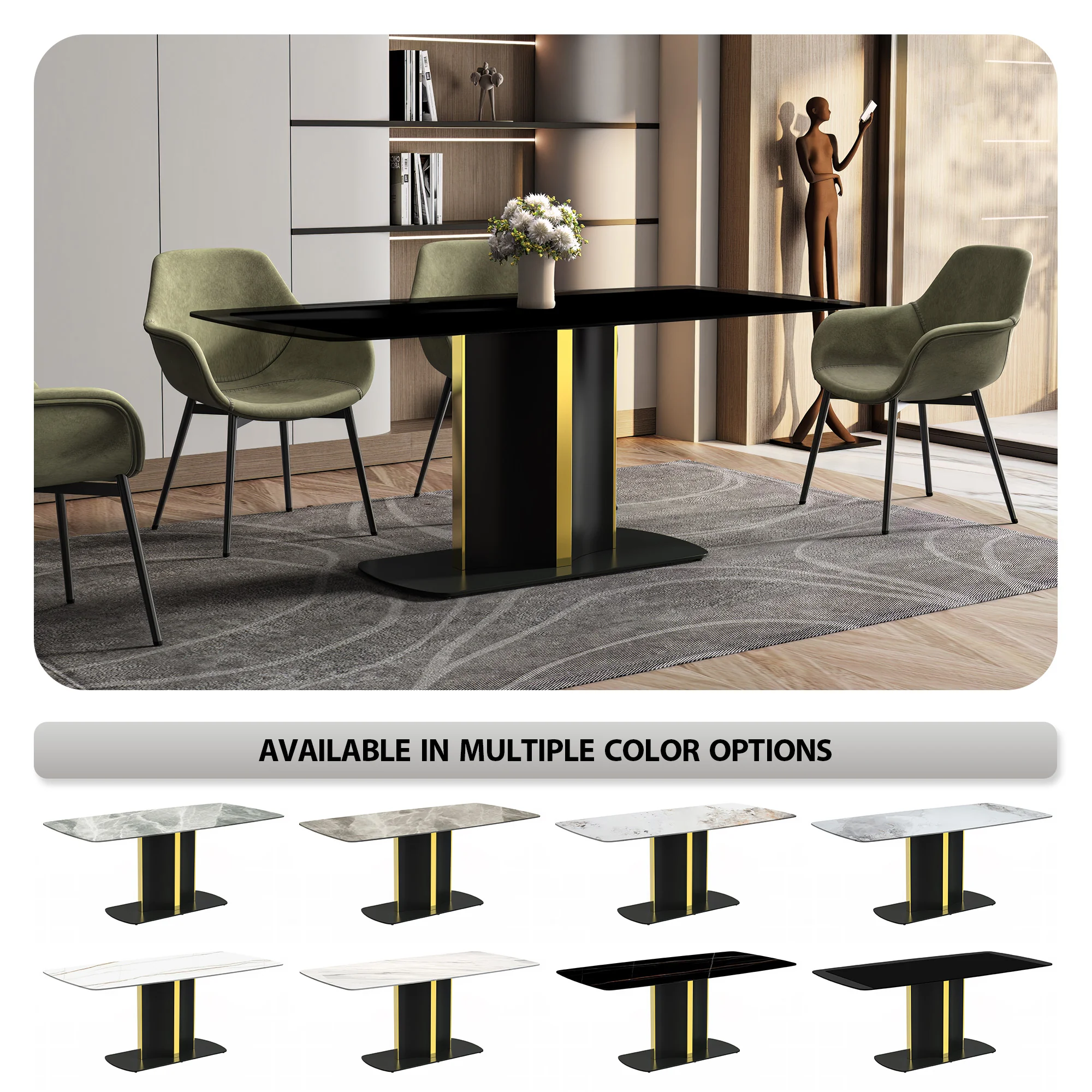 Sylva Series Modern Dining Table Black and Gold Base, With 62" Black Glass Top