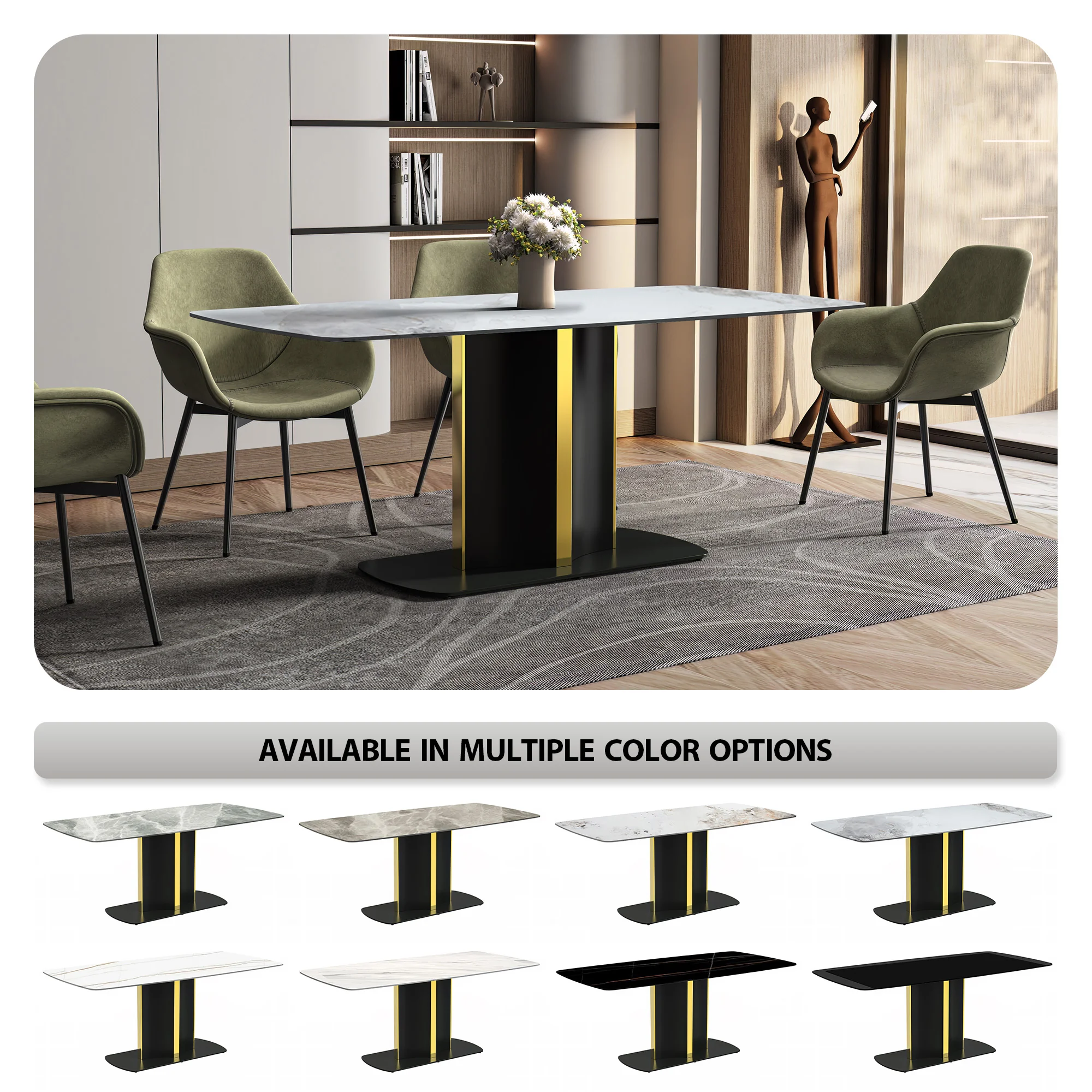 Sylva Series Modern Dining Table Black and Gold Base, With 62" Medium Grey Sintered Stone Top