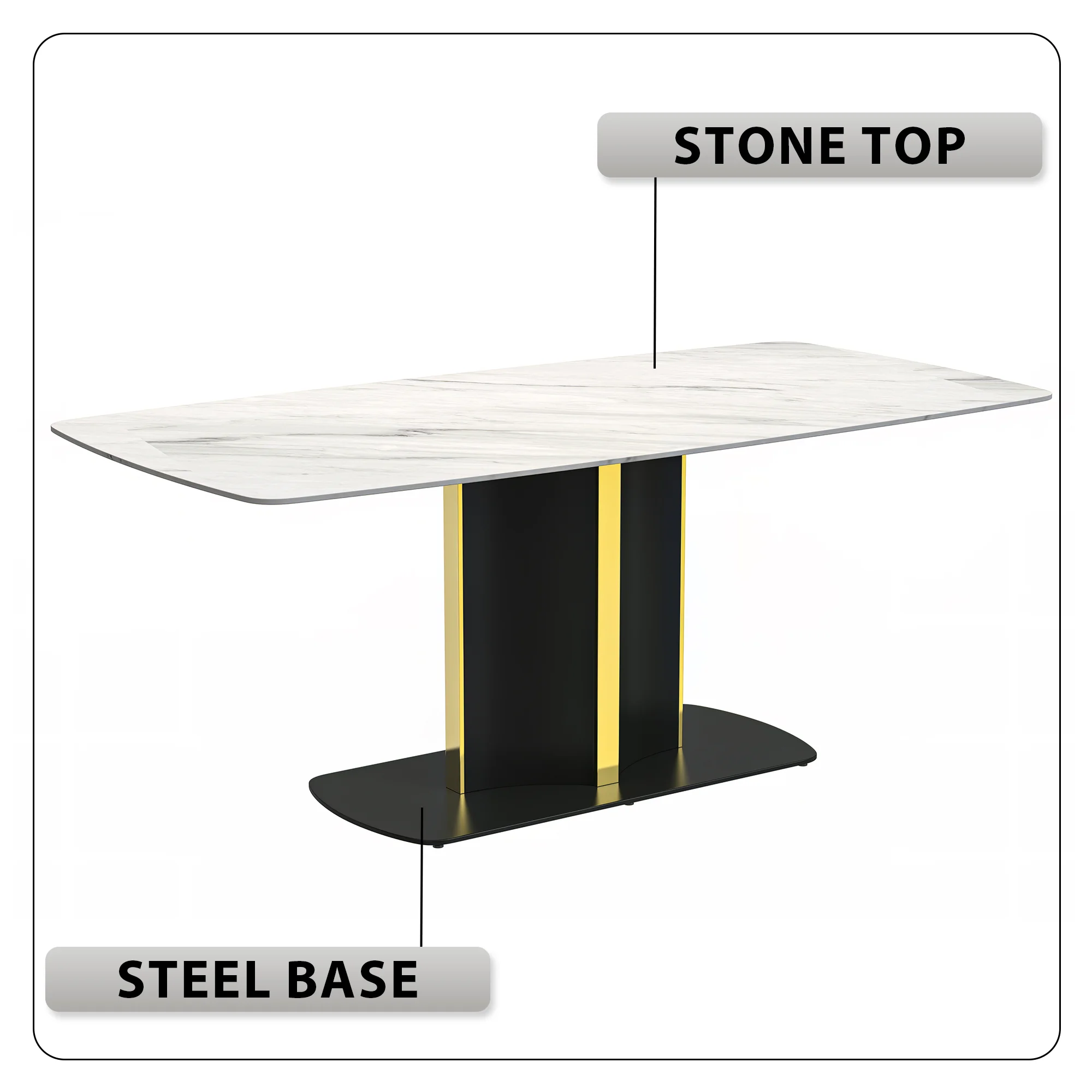 Sylva Series Modern Dining Table Black and Gold Base, With 62" White Sintered Stone Top