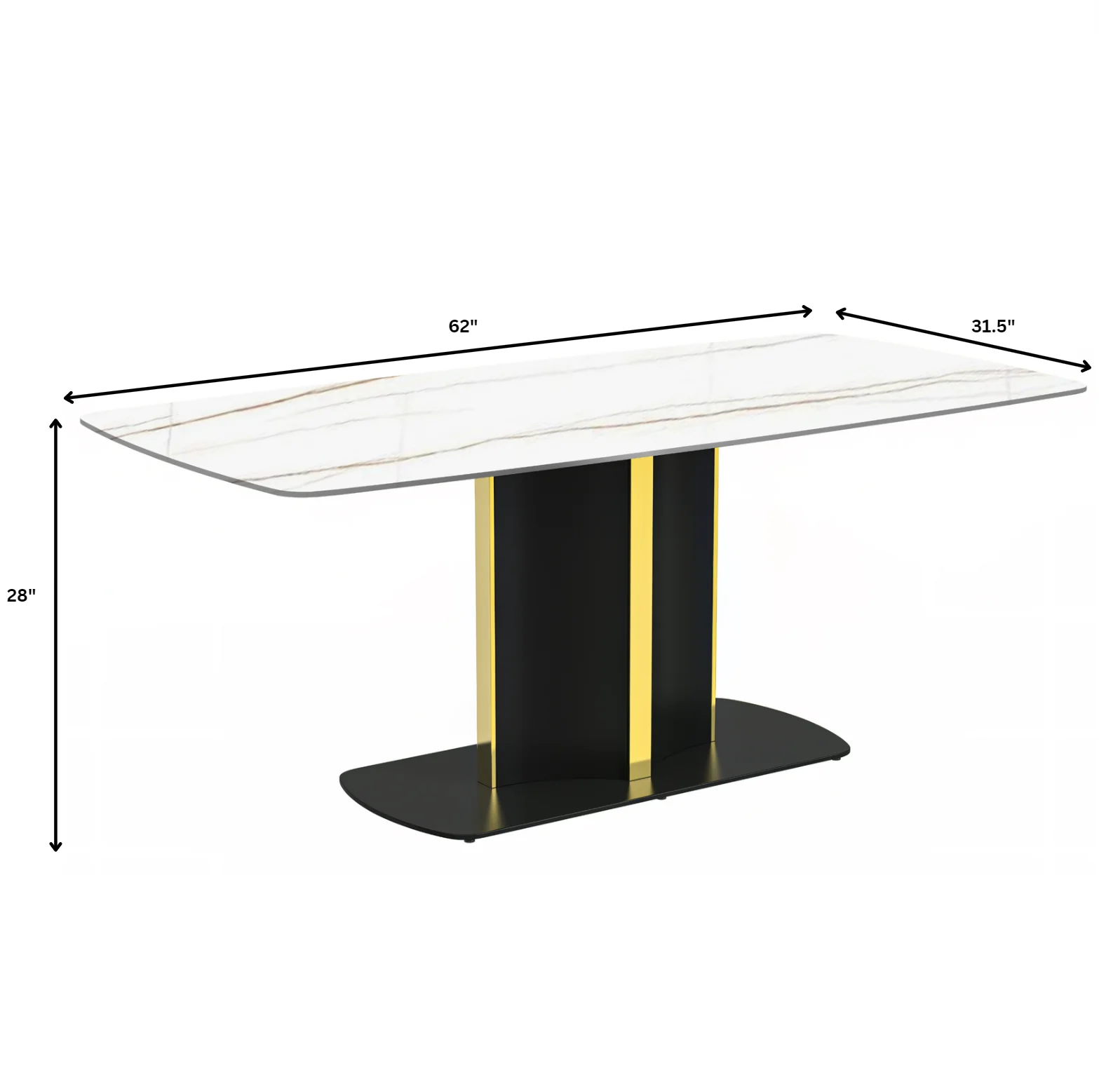 Sylva Series Modern Dining Table Black and Gold Base, With 62" White/Gold Sintered Stone Top